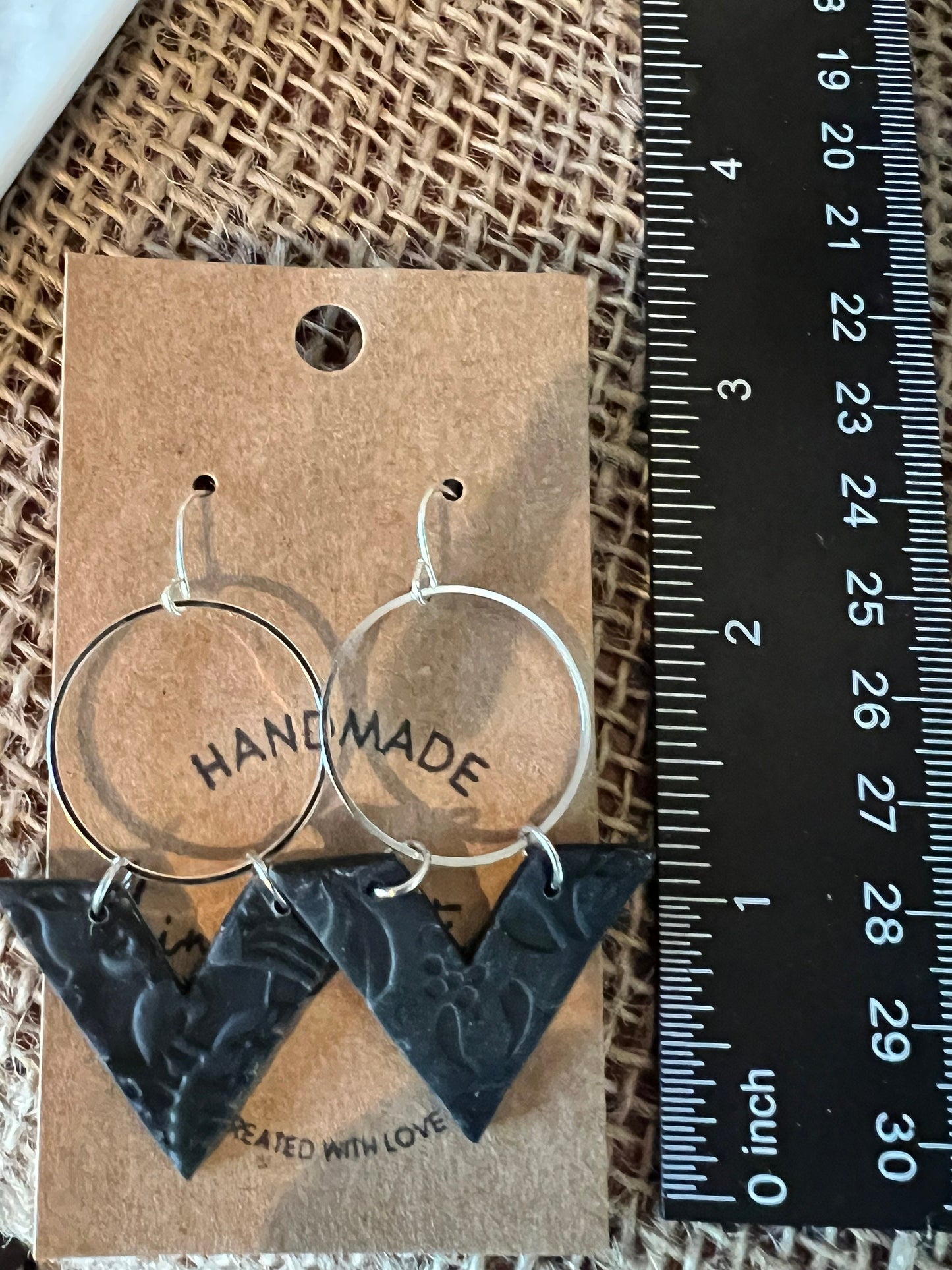 Ebony Black lightweight textured clay earrings handmade modern angle silver circle The Arrow