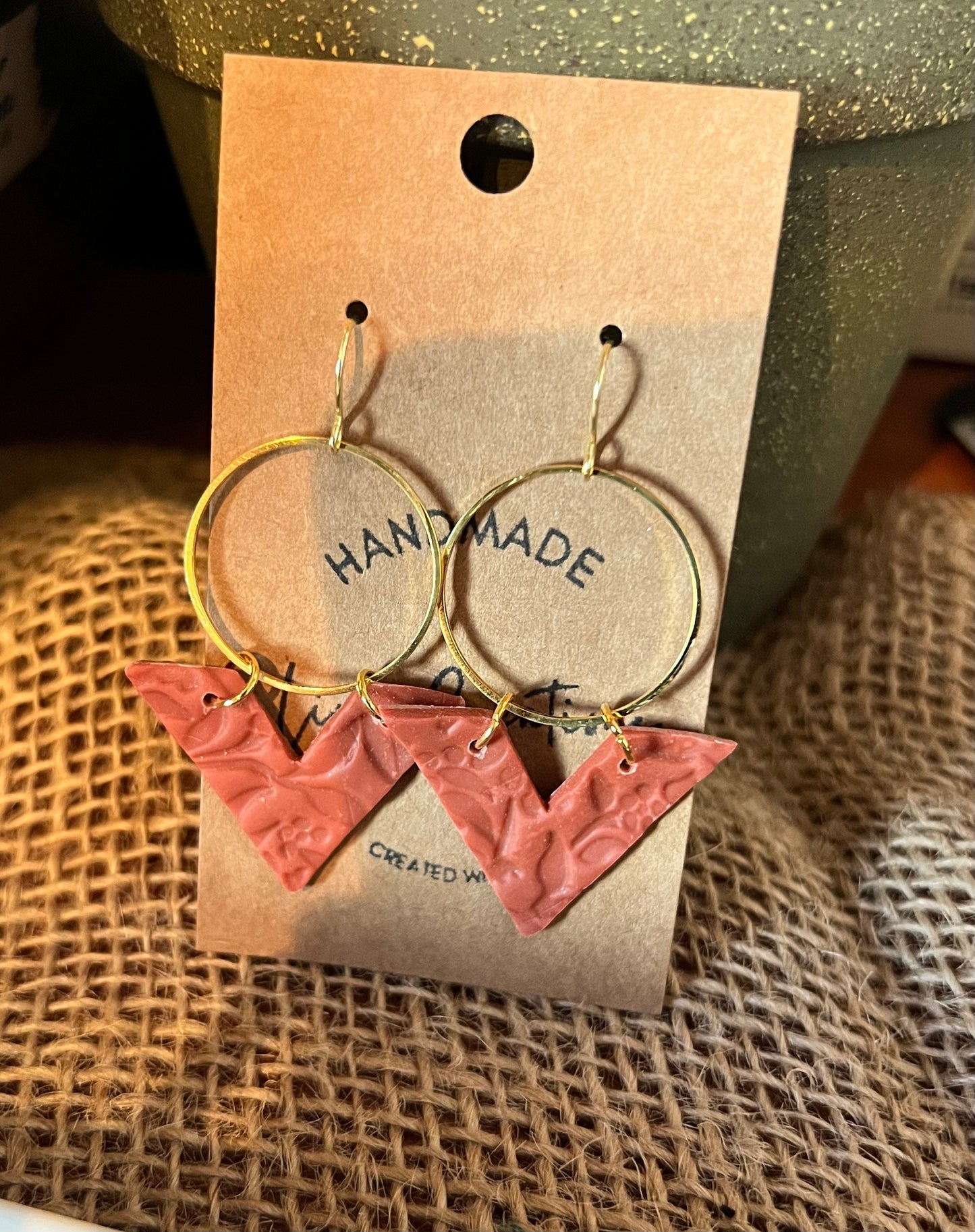 Burnt Orange lightweight textured clay earrings handmade modern geometric angle circle The Arrow