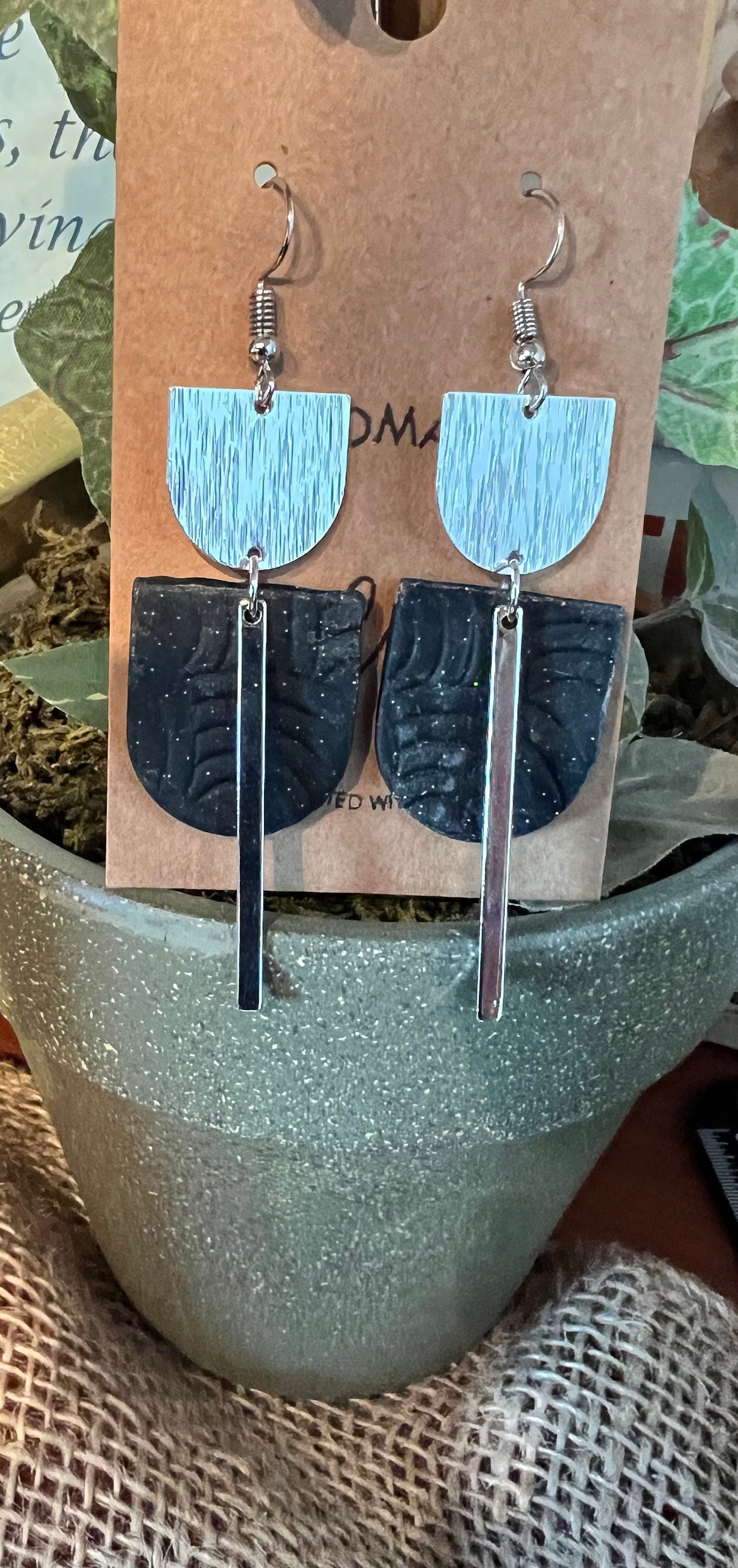 Ebony black textured Long dangle earrings/polymer clay/silver hardware /modern/boho/metal/The Maggie