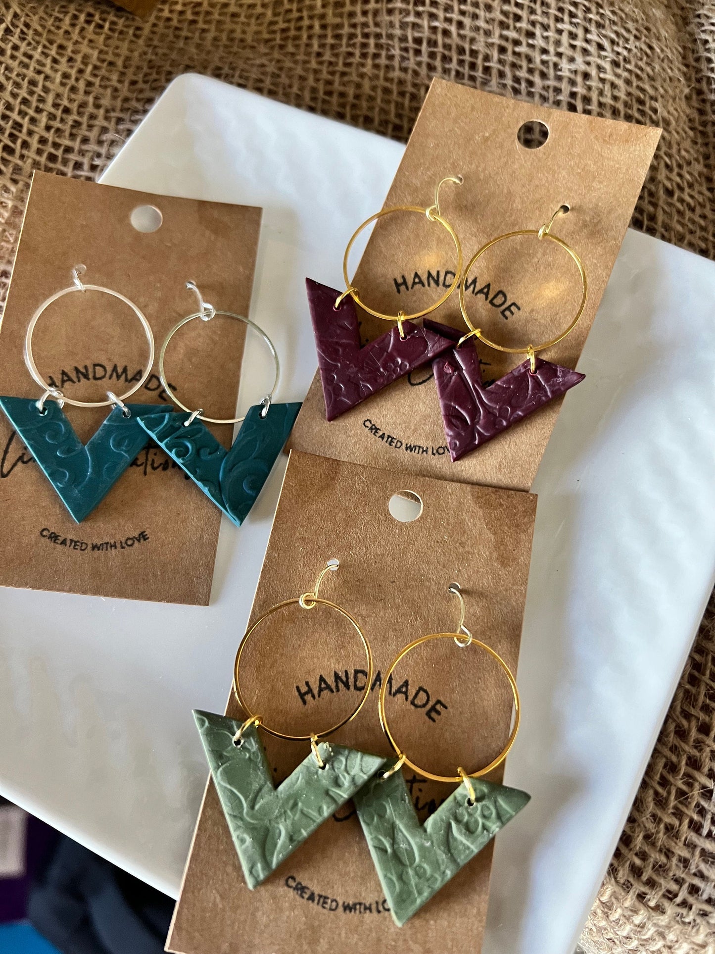 Olive green lightweight textured clay earrings handmade modern angle gold circle The Arrow