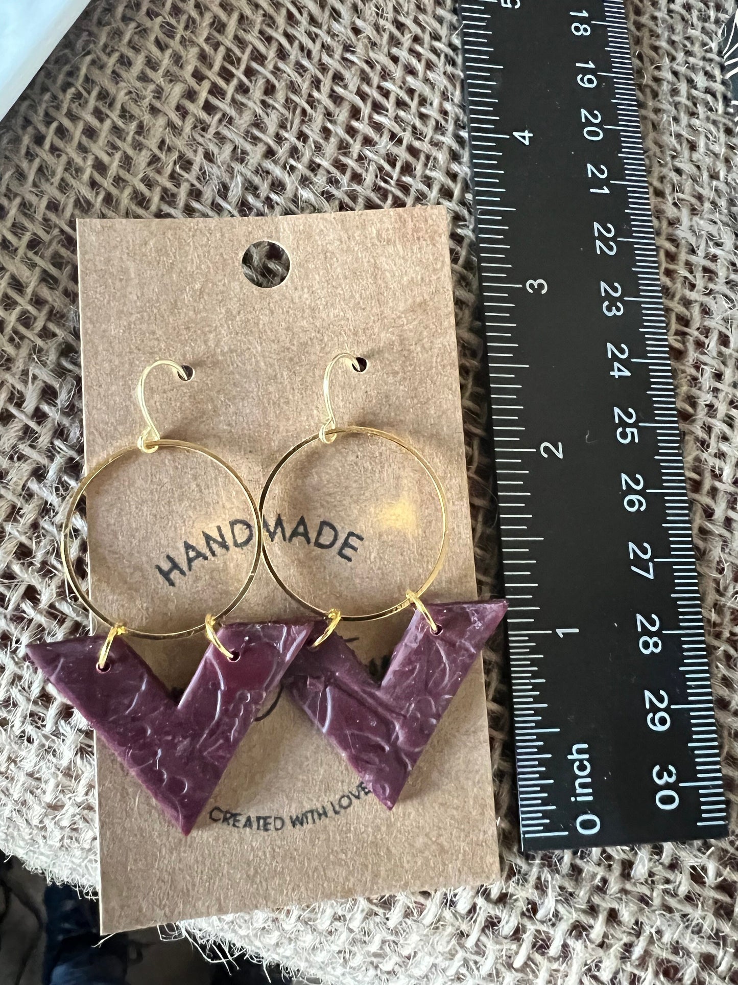 Burgundy textured handmade clay earrings geometric Maroon dark red lightweight modern angle gold circle The Arrow