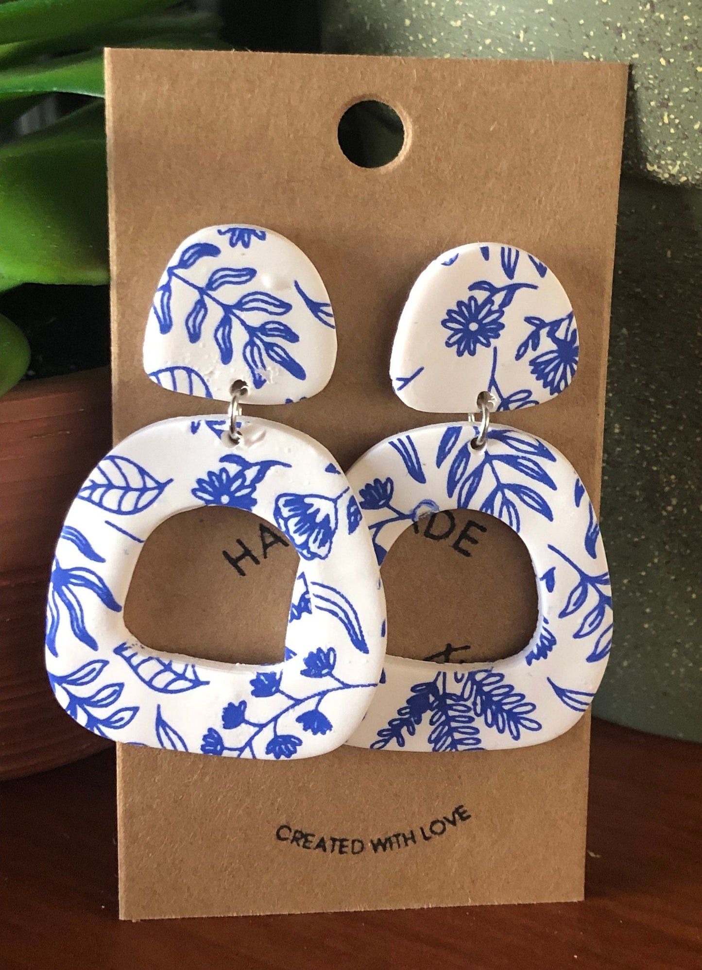 Blue & White Floral clay earrings/long dangling hoops/lightweight/flowers/The Charity