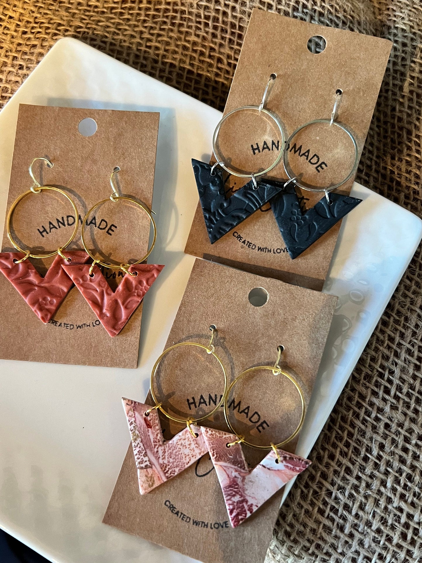 Burnt Orange lightweight textured clay earrings handmade modern geometric angle circle The Arrow