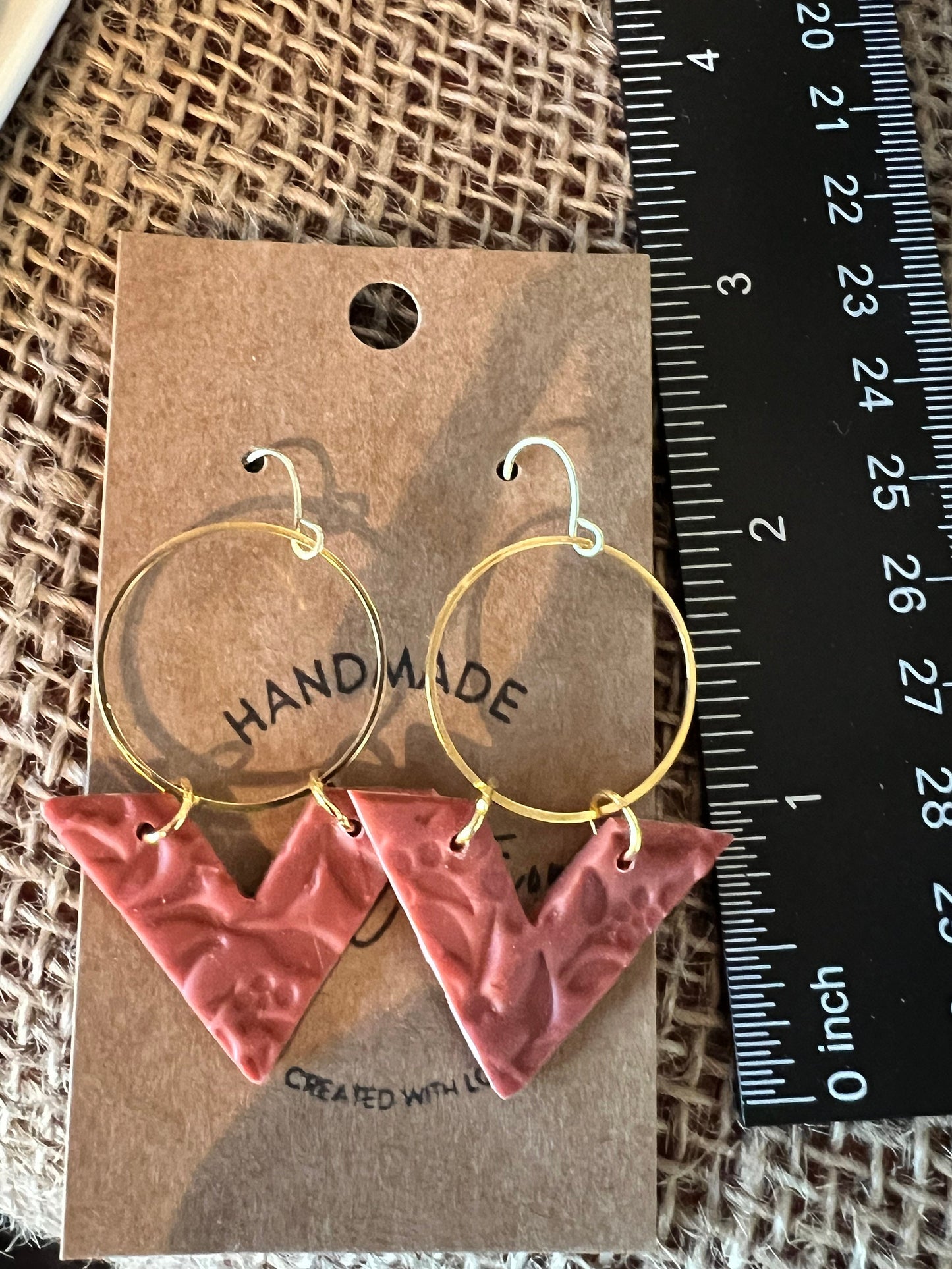 Burnt Orange lightweight textured clay earrings handmade modern geometric angle circle The Arrow