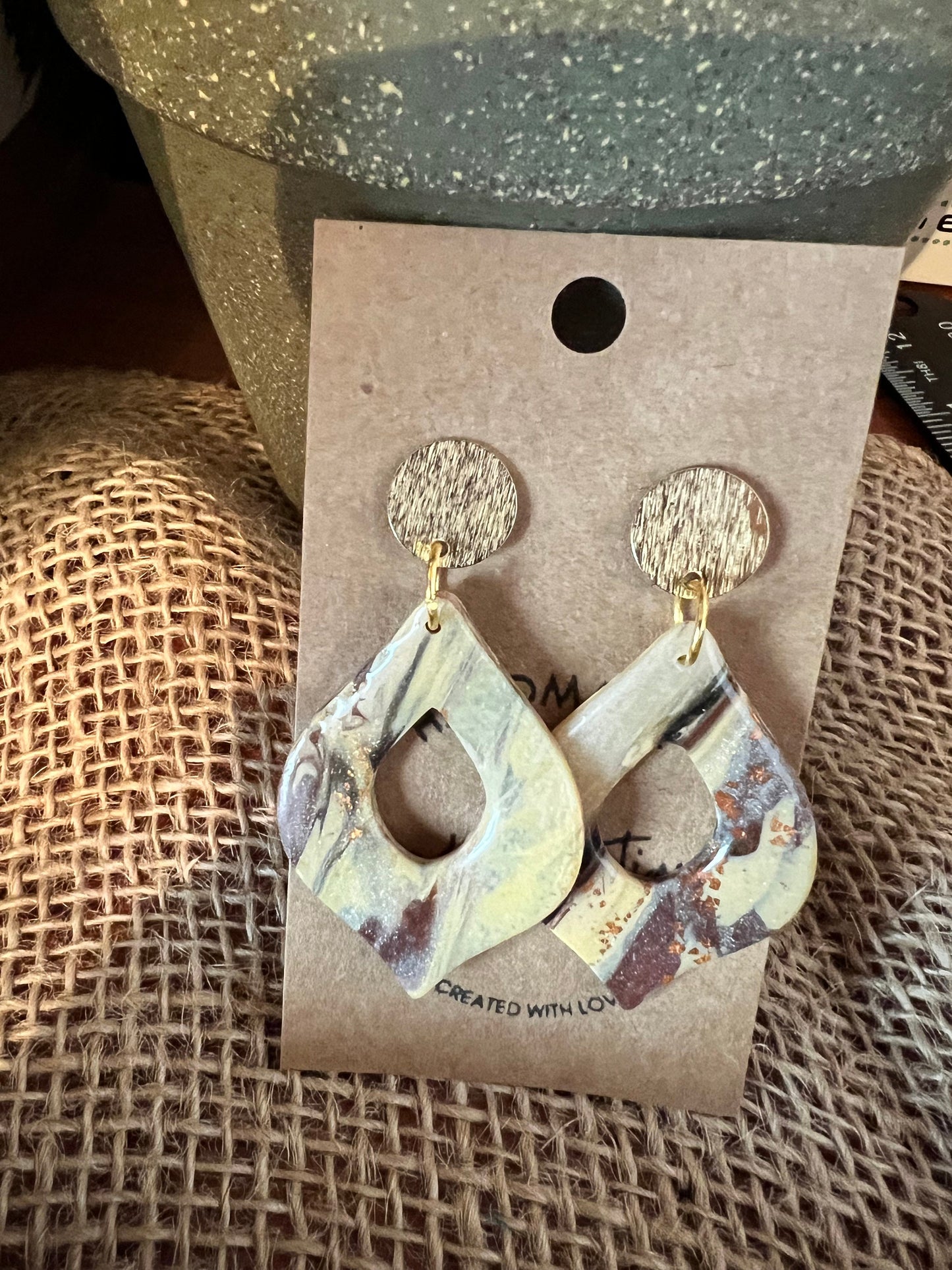 Gold tan beige Dangle teardrop shape handmade clay earrings gold & copper flecks lightweight The Arabella