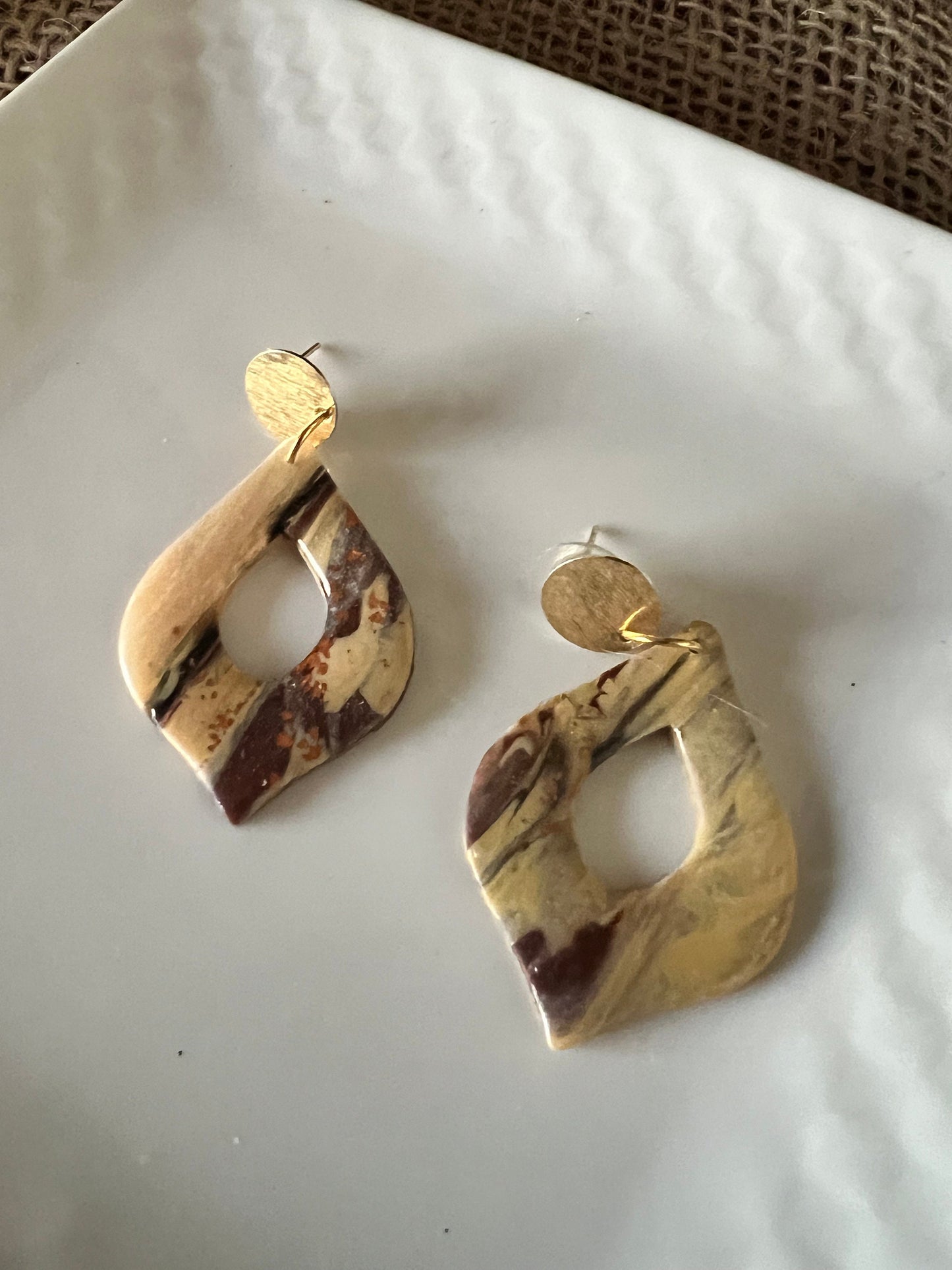 Gold tan beige Dangle teardrop shape handmade clay earrings gold & copper flecks lightweight The Arabella