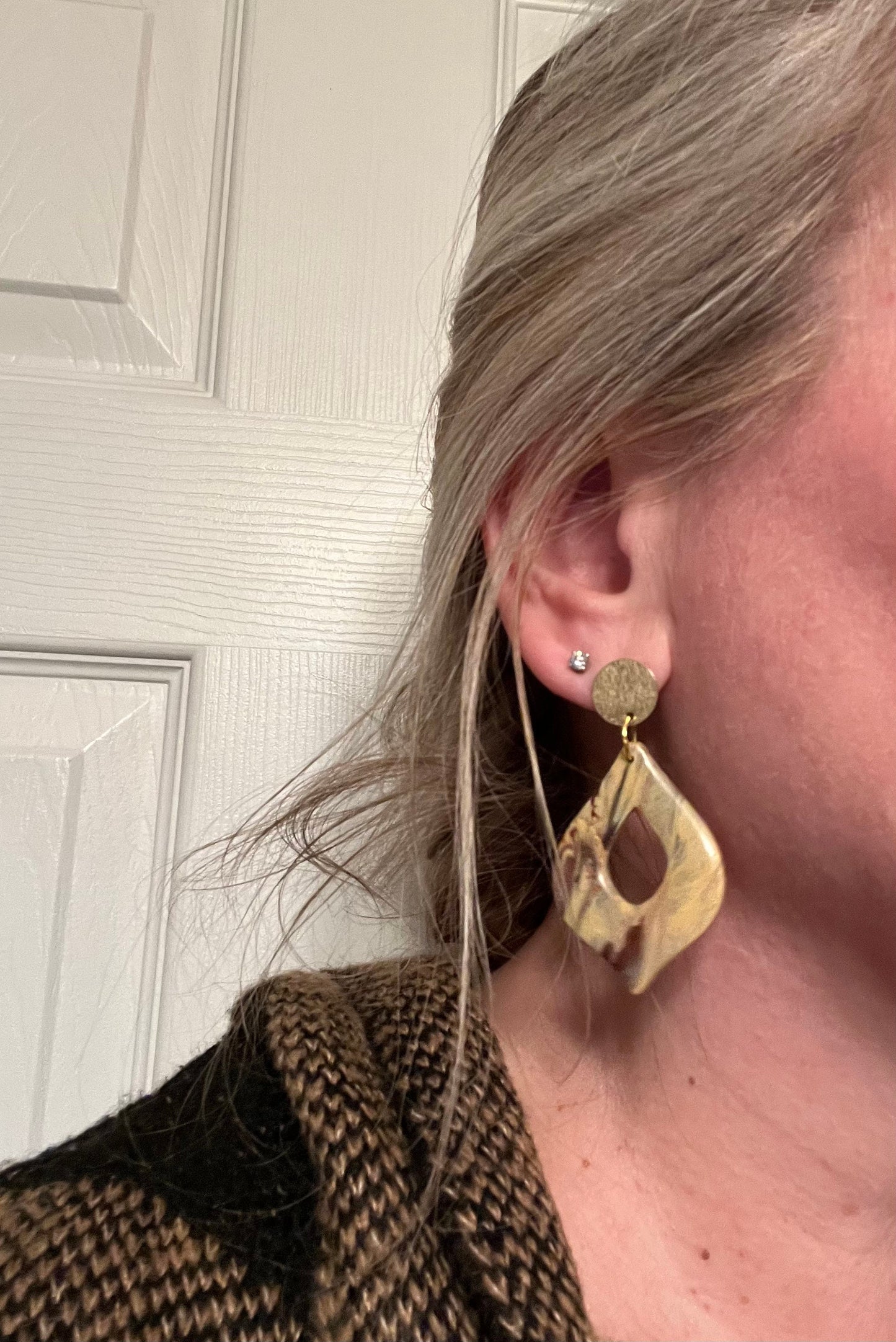 Gold tan beige Dangle teardrop shape handmade clay earrings gold & copper flecks lightweight The Arabella