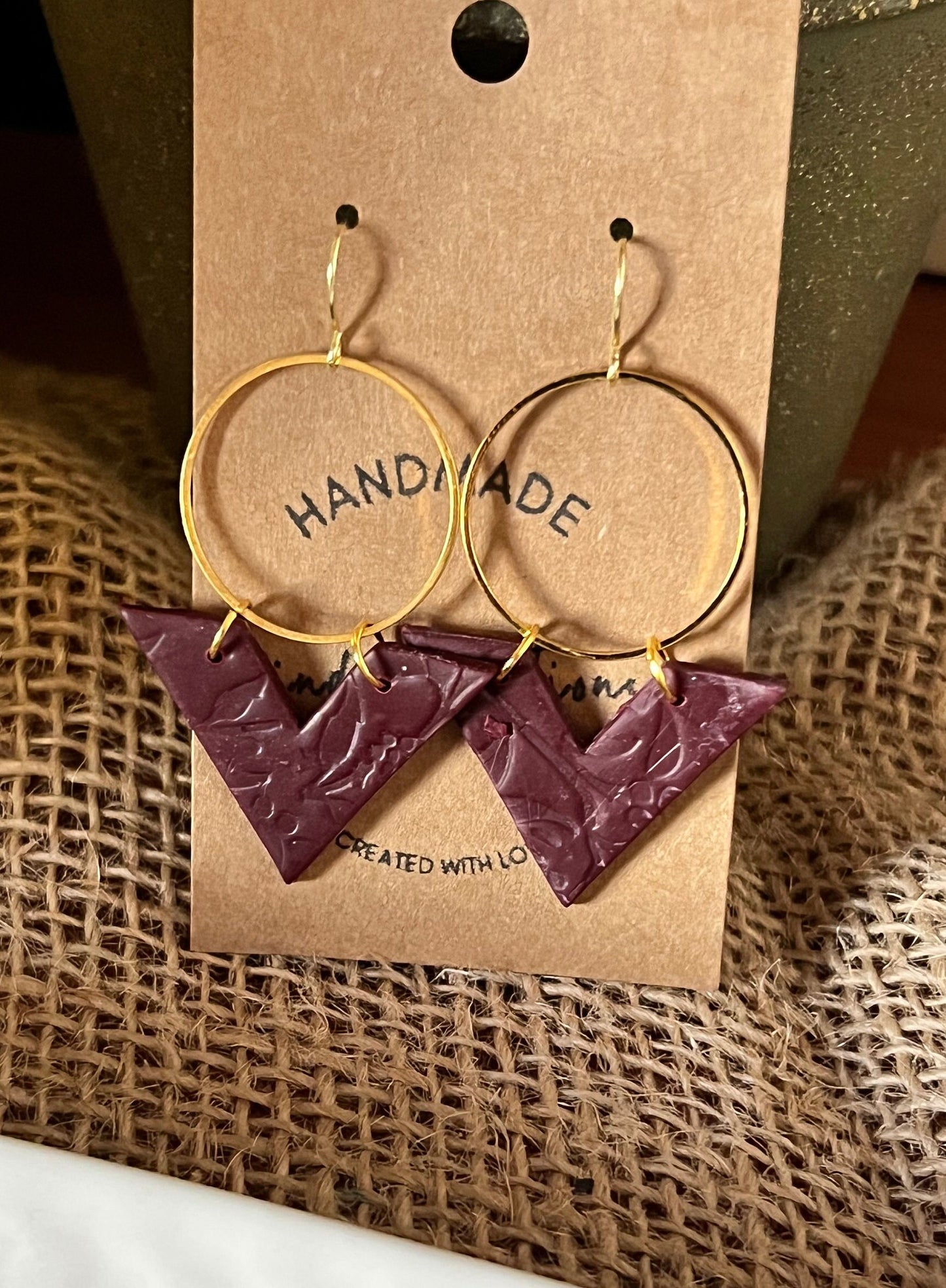 Burgundy textured handmade clay earrings geometric Maroon dark red lightweight modern angle gold circle The Arrow