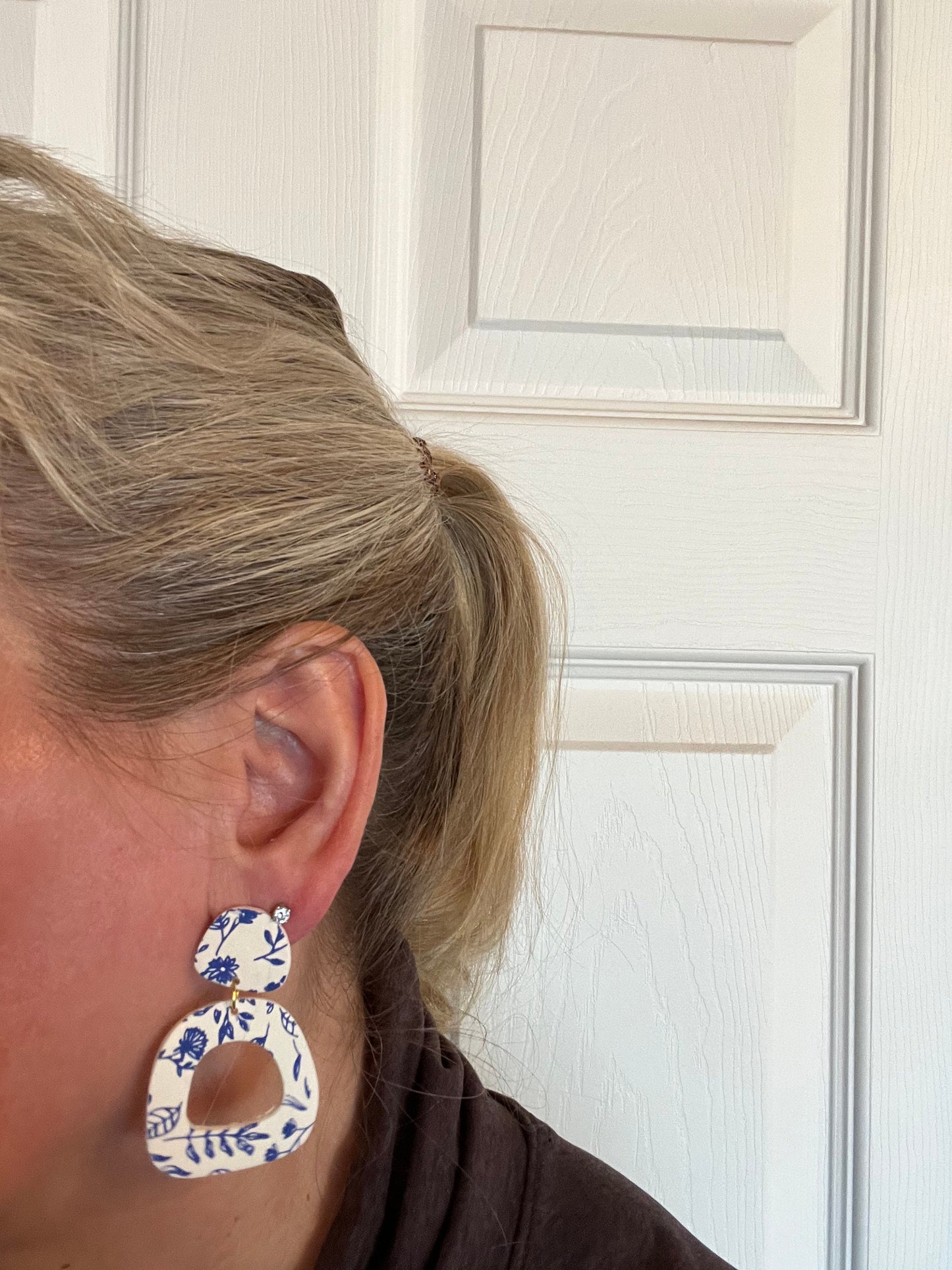 Blue & White Floral clay earrings/long dangling hoops/lightweight/flowers/The Charity