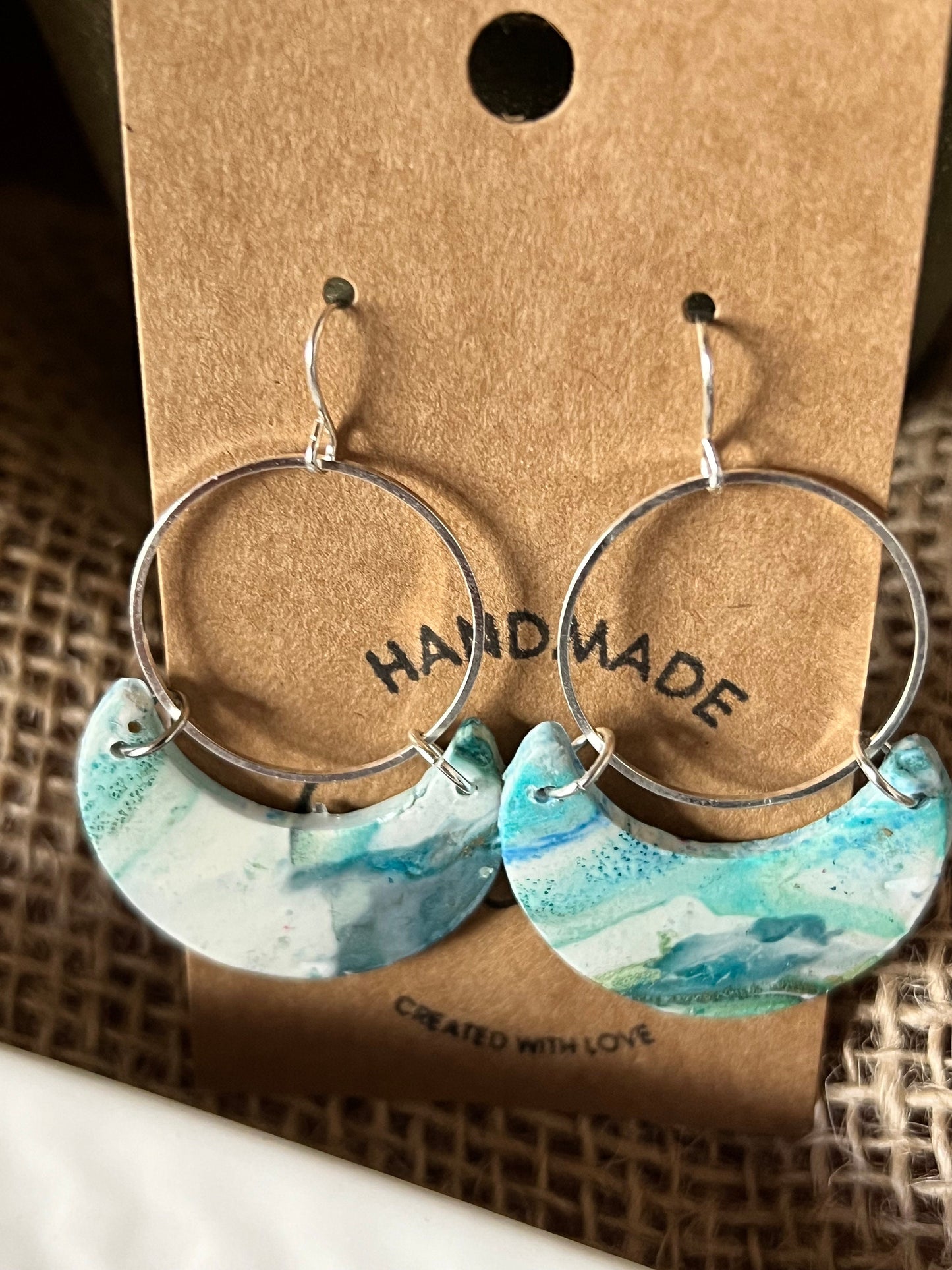 Teal ink pattern crescent earrings on silver circle hardware with resin coating/dangle/lightweight/polymer clay/The Christina