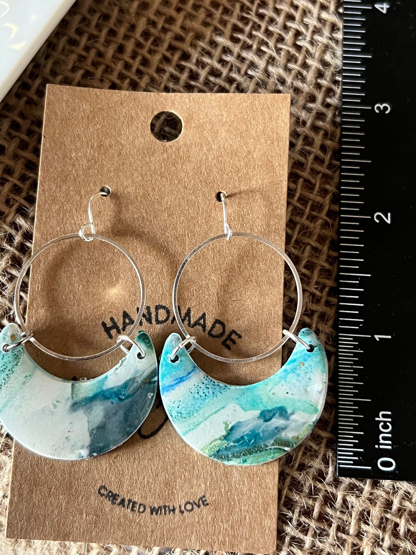 Teal ink pattern crescent earrings on silver circle hardware with resin coating/dangle/lightweight/polymer clay/The Christina