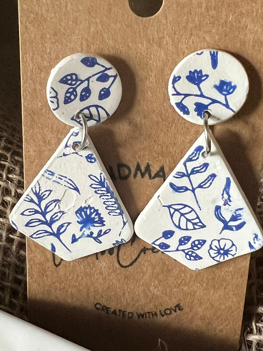 Blue and white Floral painted lightweight clay earrings plastic posts no metal nickel allergy The Flurry
