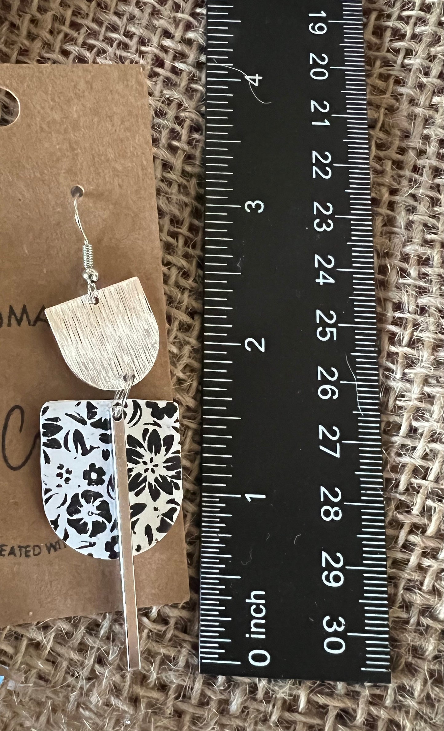 Black and white floral modern Long dangle clay earrings lightweight silver The Maggie