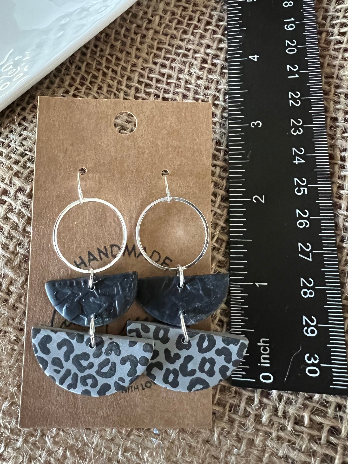 Leopard print clay earrings handmade animal print jewelry grey black geometric edgy modern clay earring trendy bold statement funky jewelry gift for stylish woman