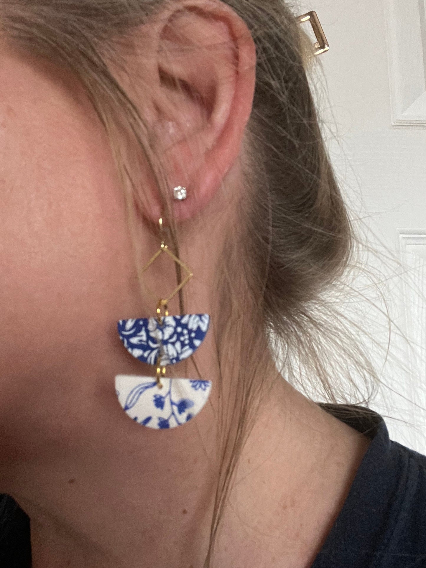 Blue & White floral pattern modern dangle clay earrings gold accents modern stylish gift idea The Emily