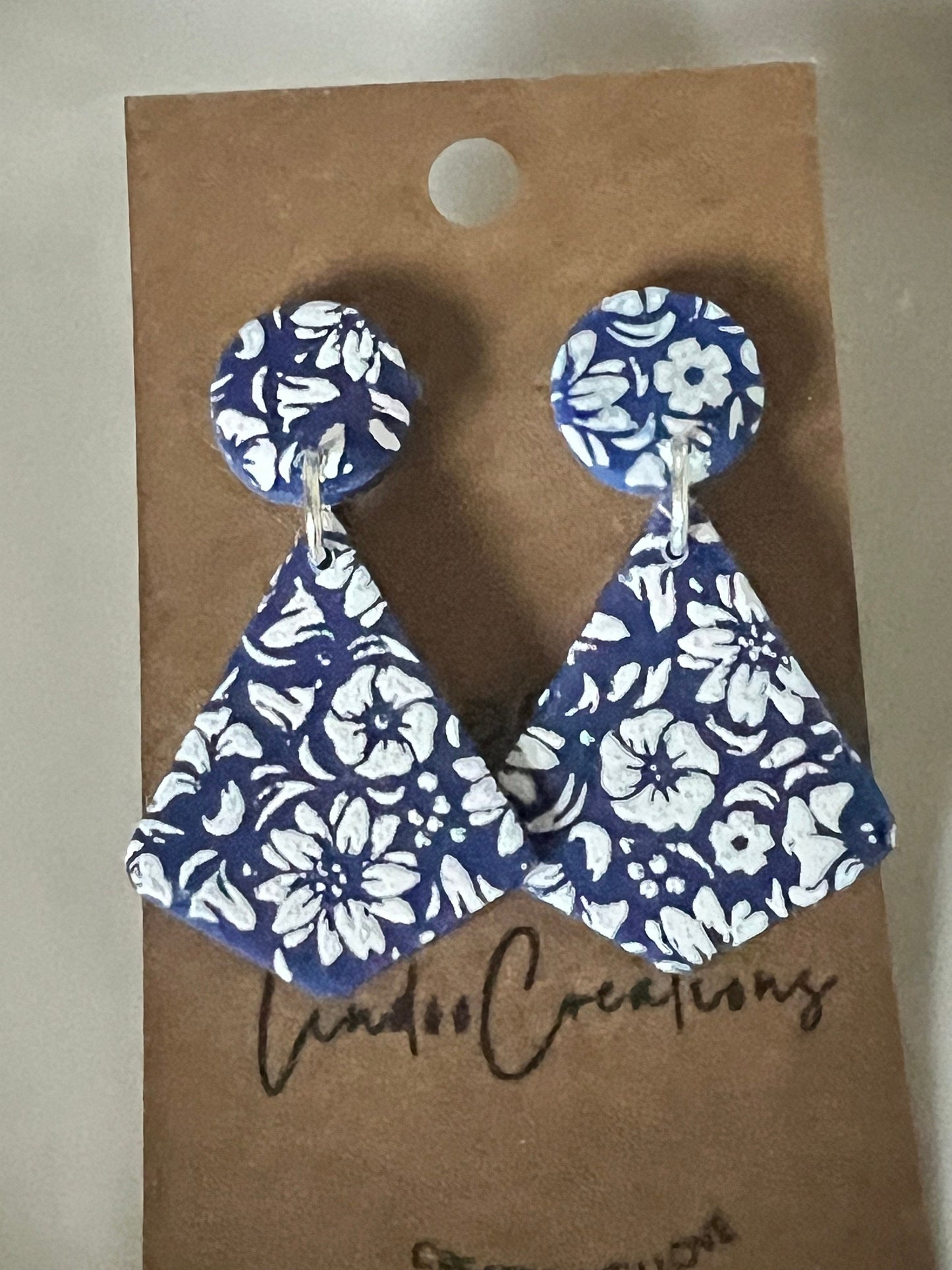 Royal Blue and white flowers lightweight dangling clay earrings With Plastic Posts no metal nickel allergy The Flurry