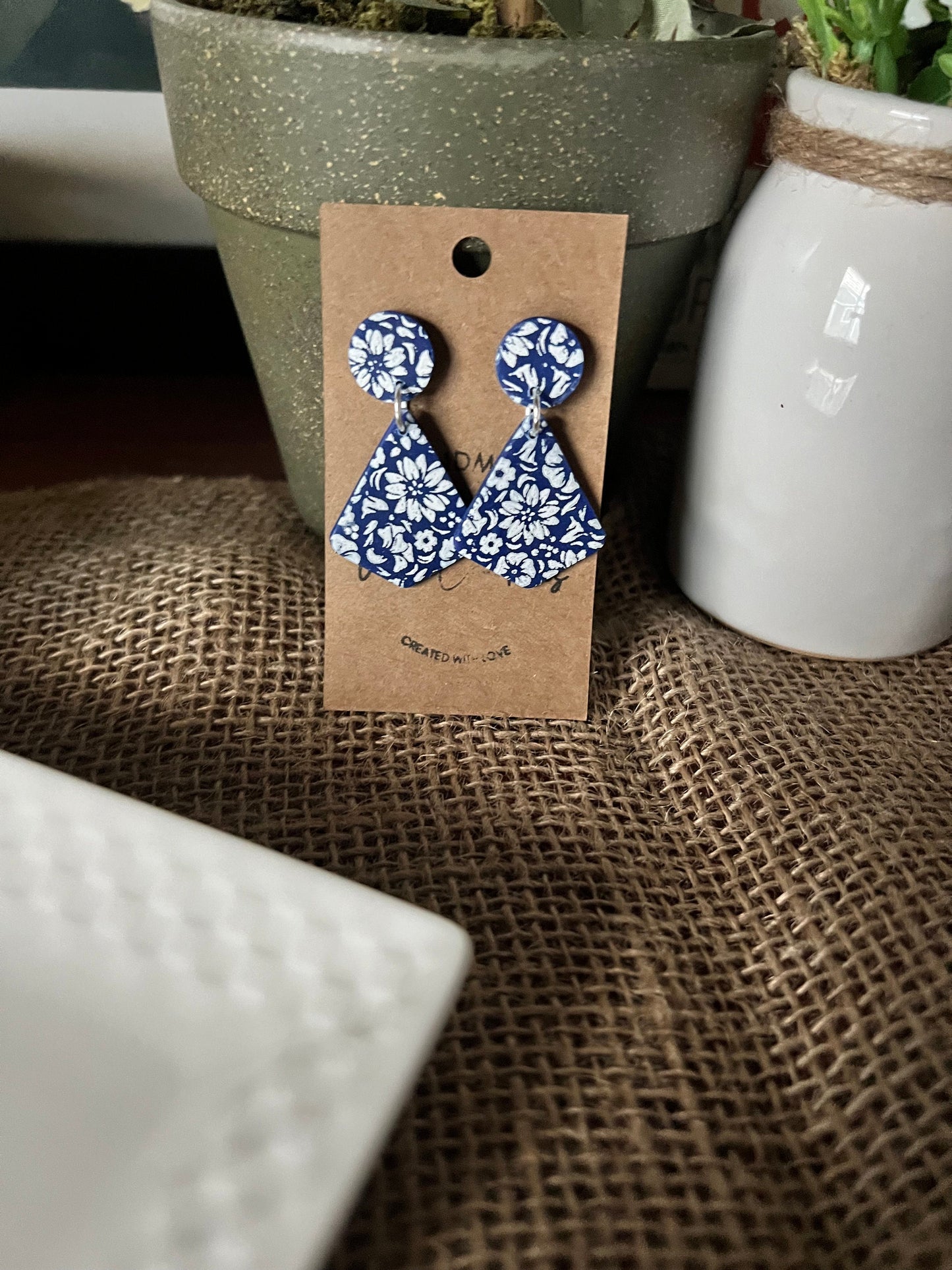 Royal Blue and white flowers dangling painted clay earring lightweight handmade floral The Flurry