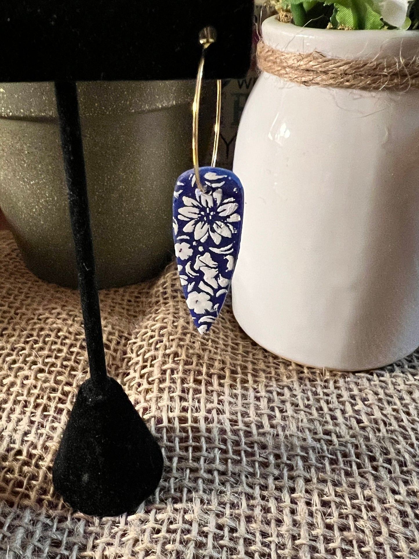 Royal Blue and white flowers dangling painted clay earring handmade lightweight floral The Dagger
