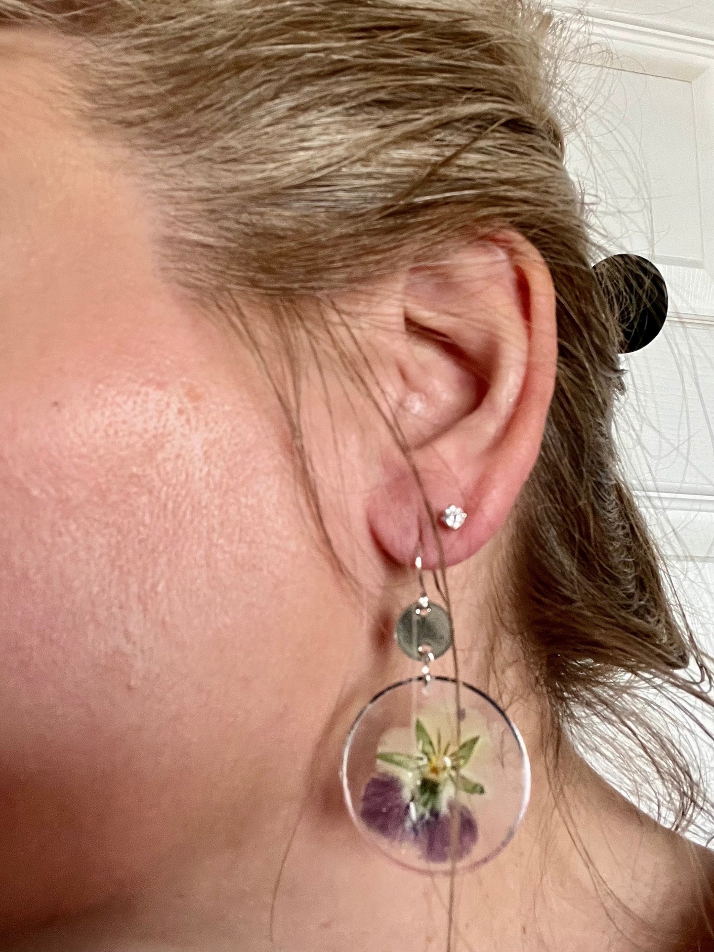Dried pansy purple and yellow flower in resin dangling earrings silver handmade lightweight floralThe Olivia