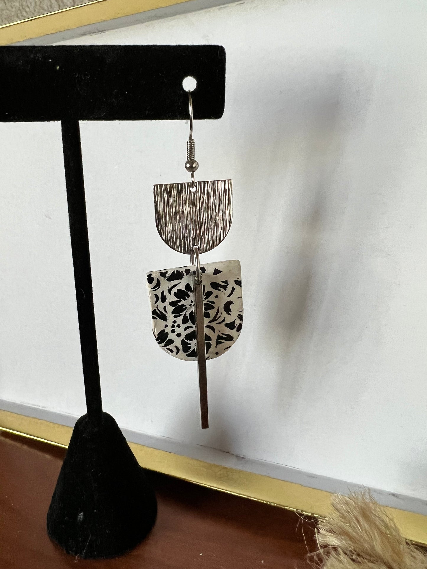 Black and white floral modern Long dangle clay earrings lightweight silver The Maggie