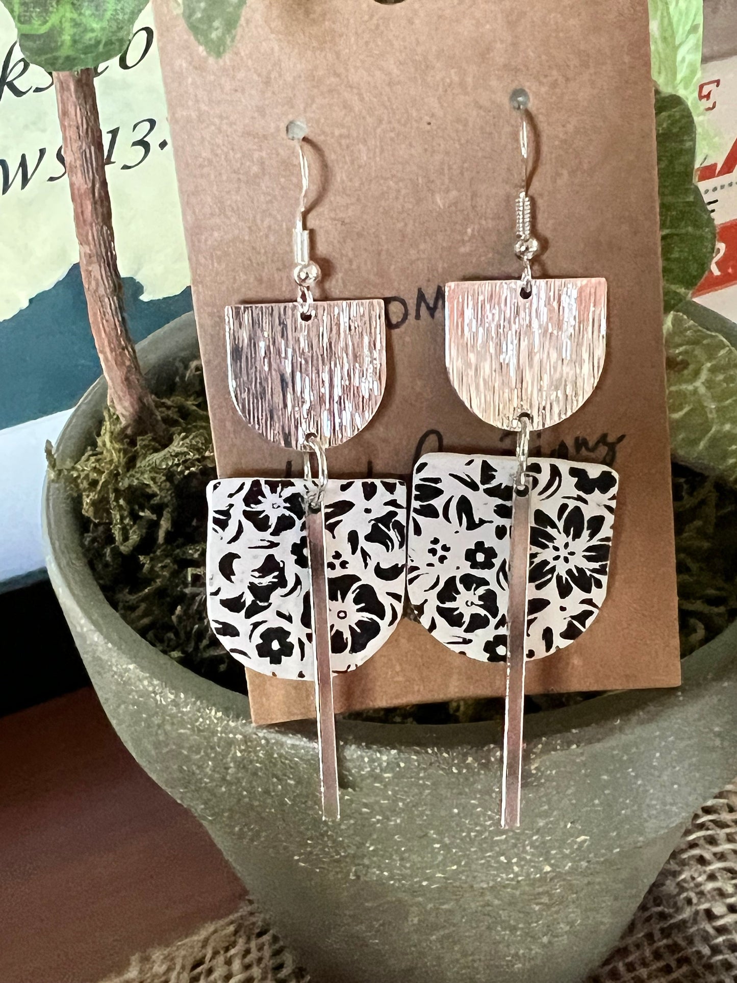 Black and white floral modern Long dangle clay earrings lightweight silver The Maggie
