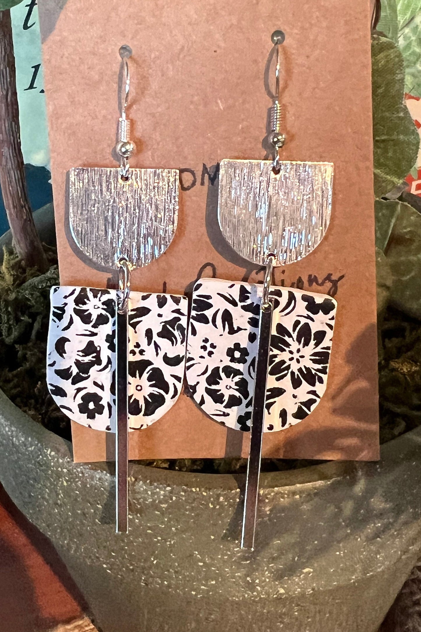 Black and white floral modern Long dangle clay earrings lightweight silver The Maggie