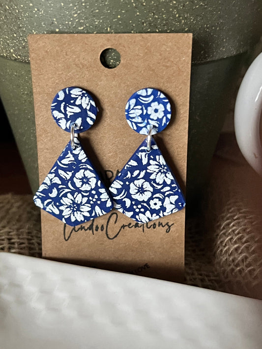 Royal Blue and white flowers lightweight dangling clay earrings With Plastic Posts no metal nickel allergy The Flurry