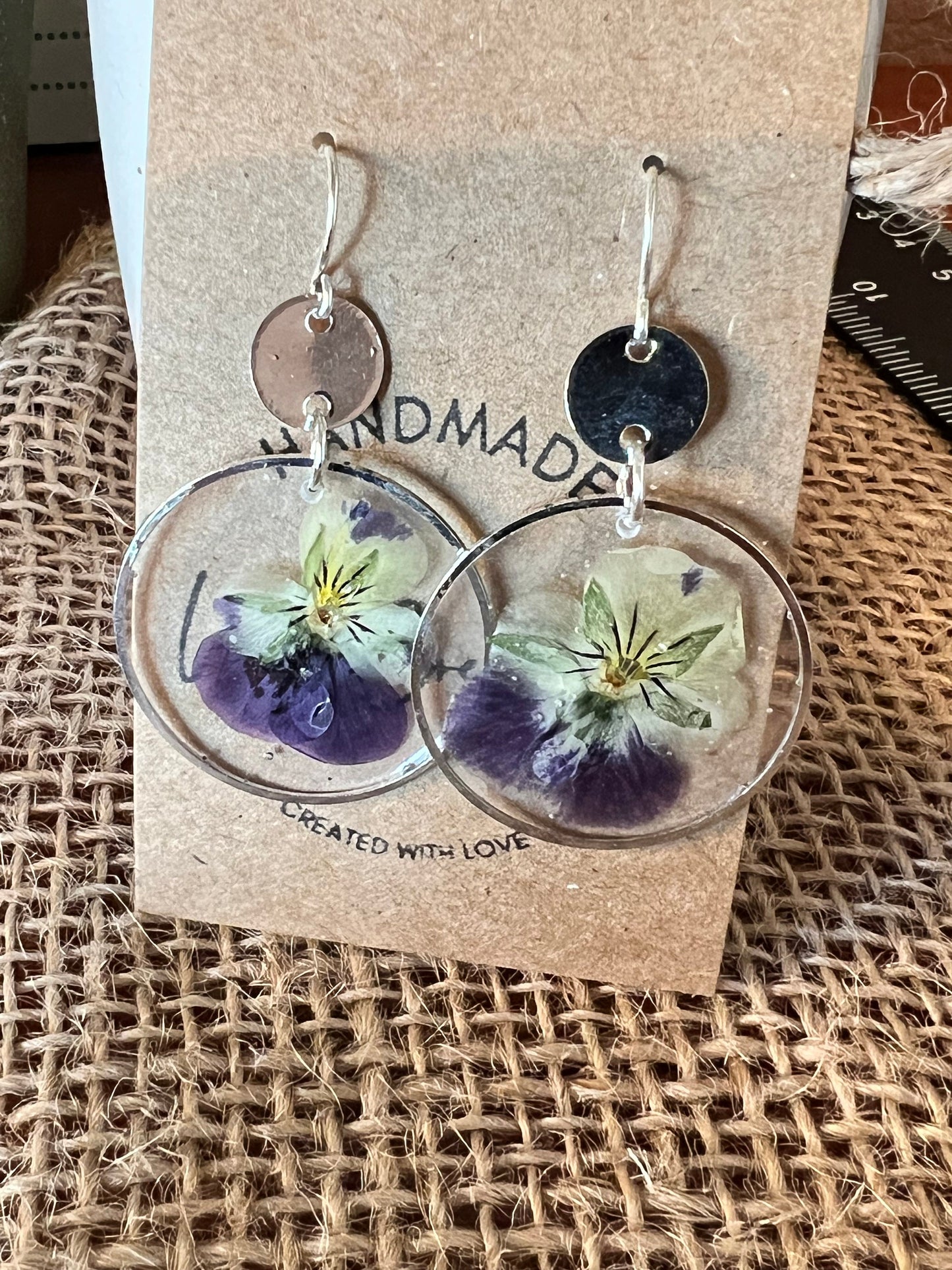 Dried pansy purple and yellow flower in resin dangling earrings silver handmade lightweight floralThe Olivia