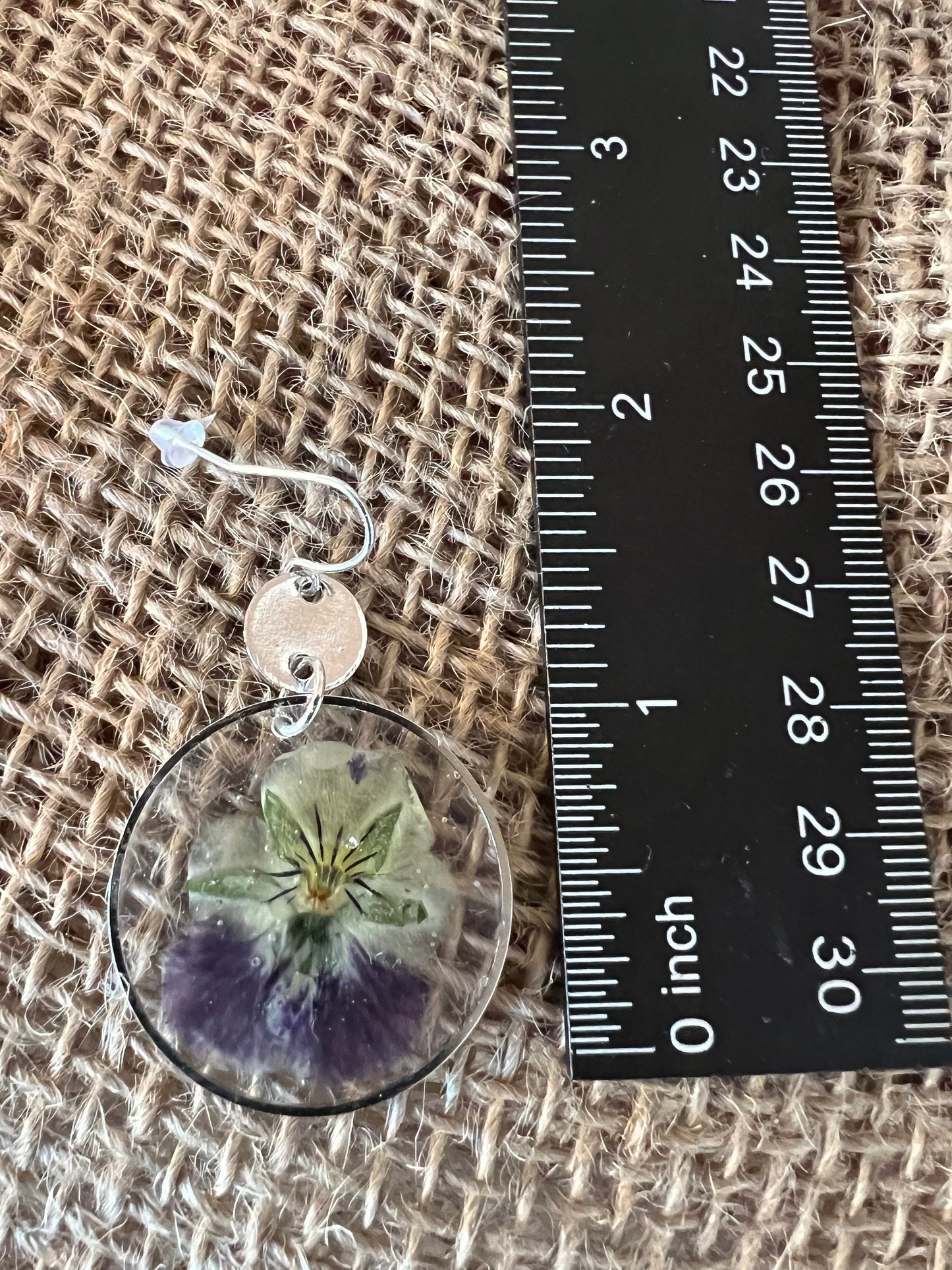 Dried pansy purple and yellow flower in resin dangling earrings silver handmade lightweight floralThe Olivia