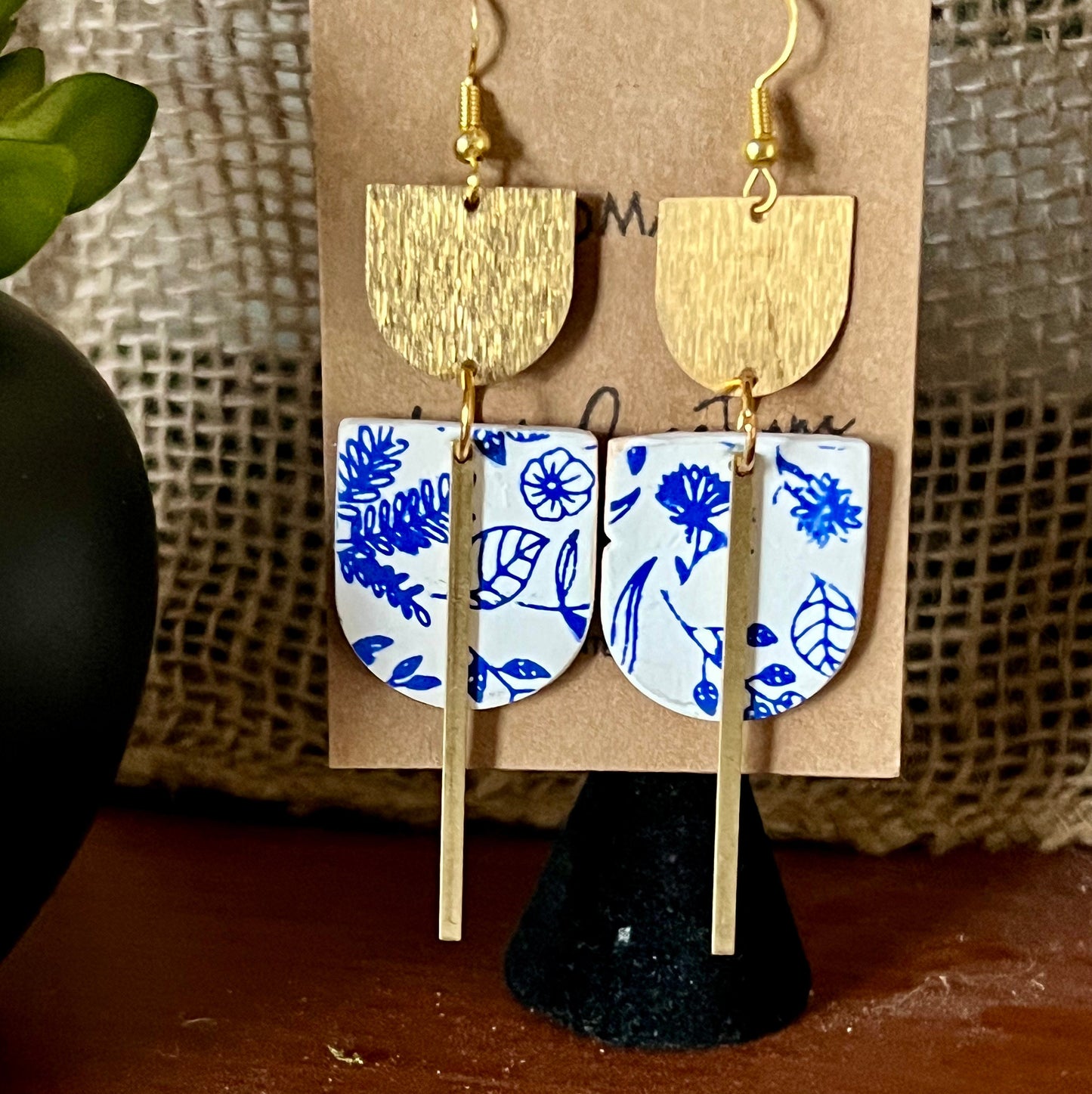 Blue and White Floral Dangling drop clay earrings with gold tone hardware handmade Lightweight The Maggie