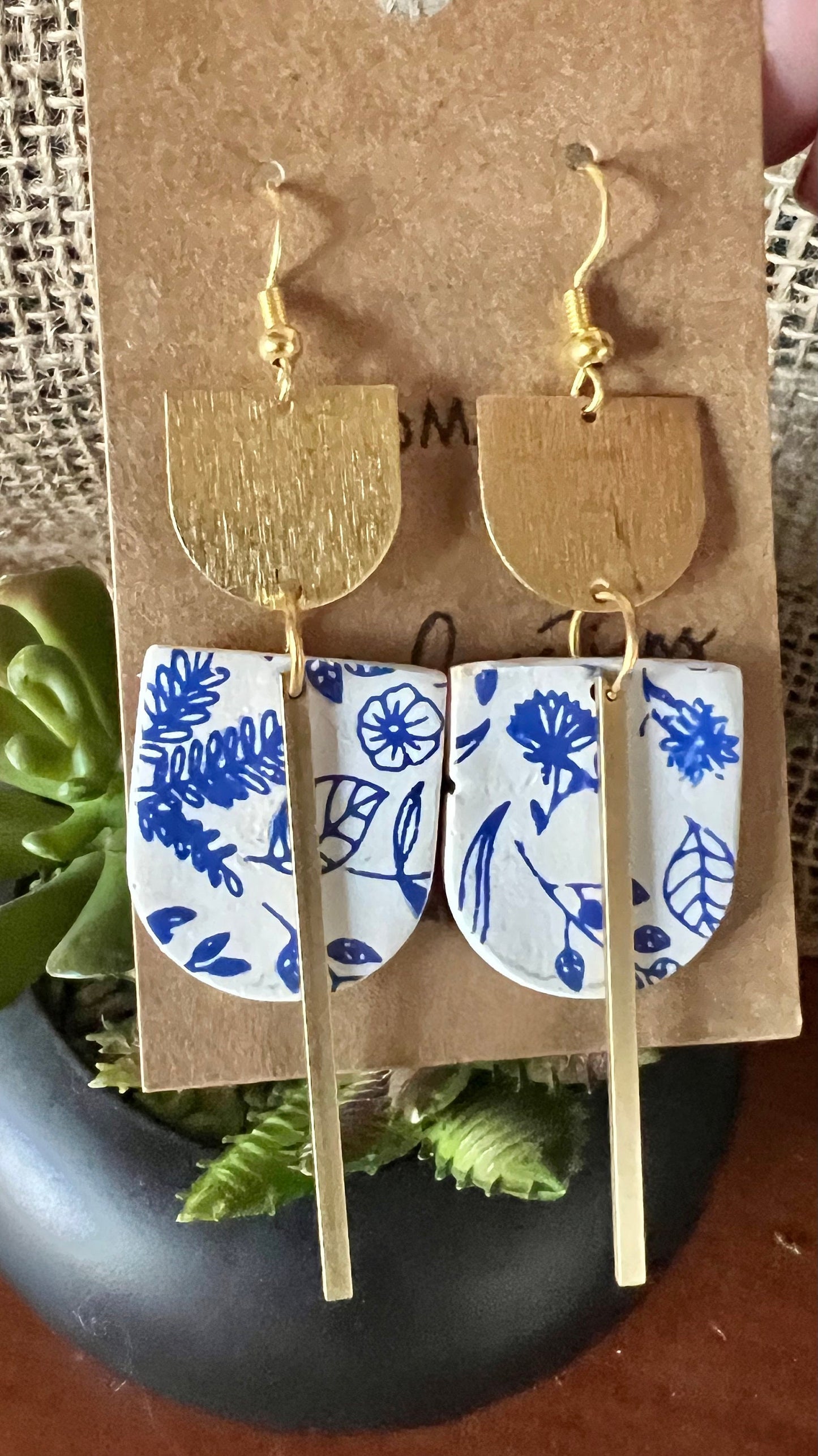 Blue and White Floral Dangling drop clay earrings with gold tone hardware handmade Lightweight The Maggie