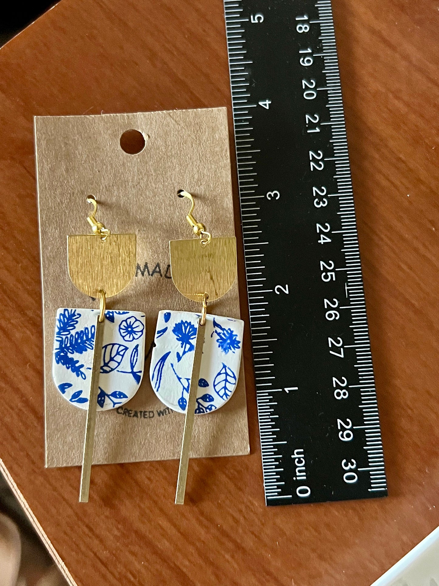 Blue and White Floral Dangling drop clay earrings with gold tone hardware handmade Lightweight The Maggie