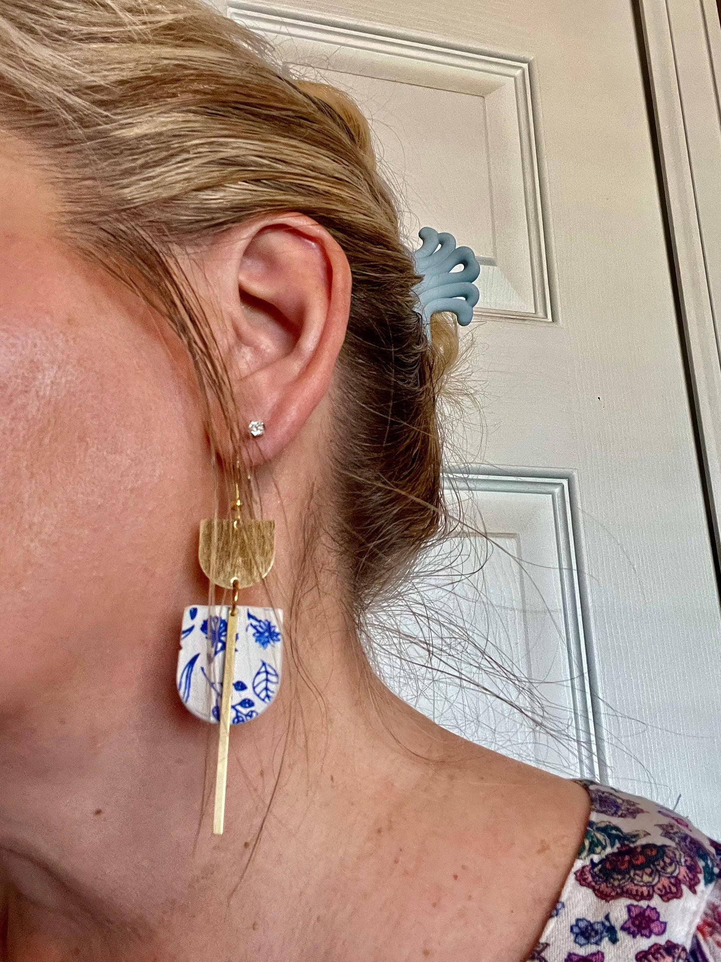 Blue and White Floral Dangling drop clay earrings with gold tone hardware handmade Lightweight The Maggie