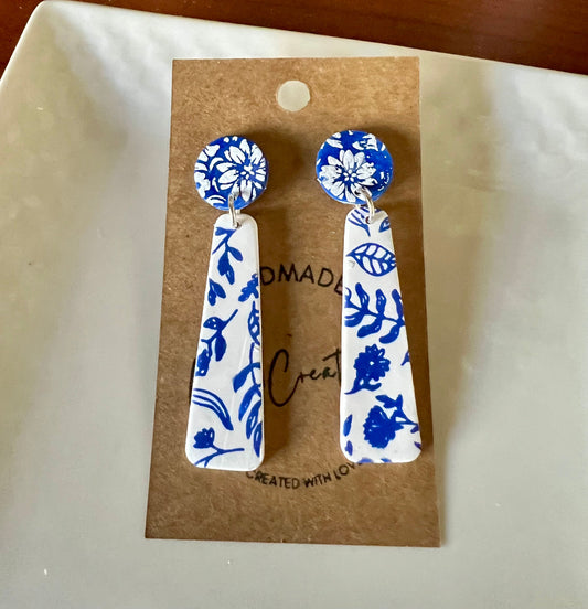 Blue & white floral in 2 patterns long dangling clay earrings with Plastic Posts no metal lightweight nickel allergy The Lolita