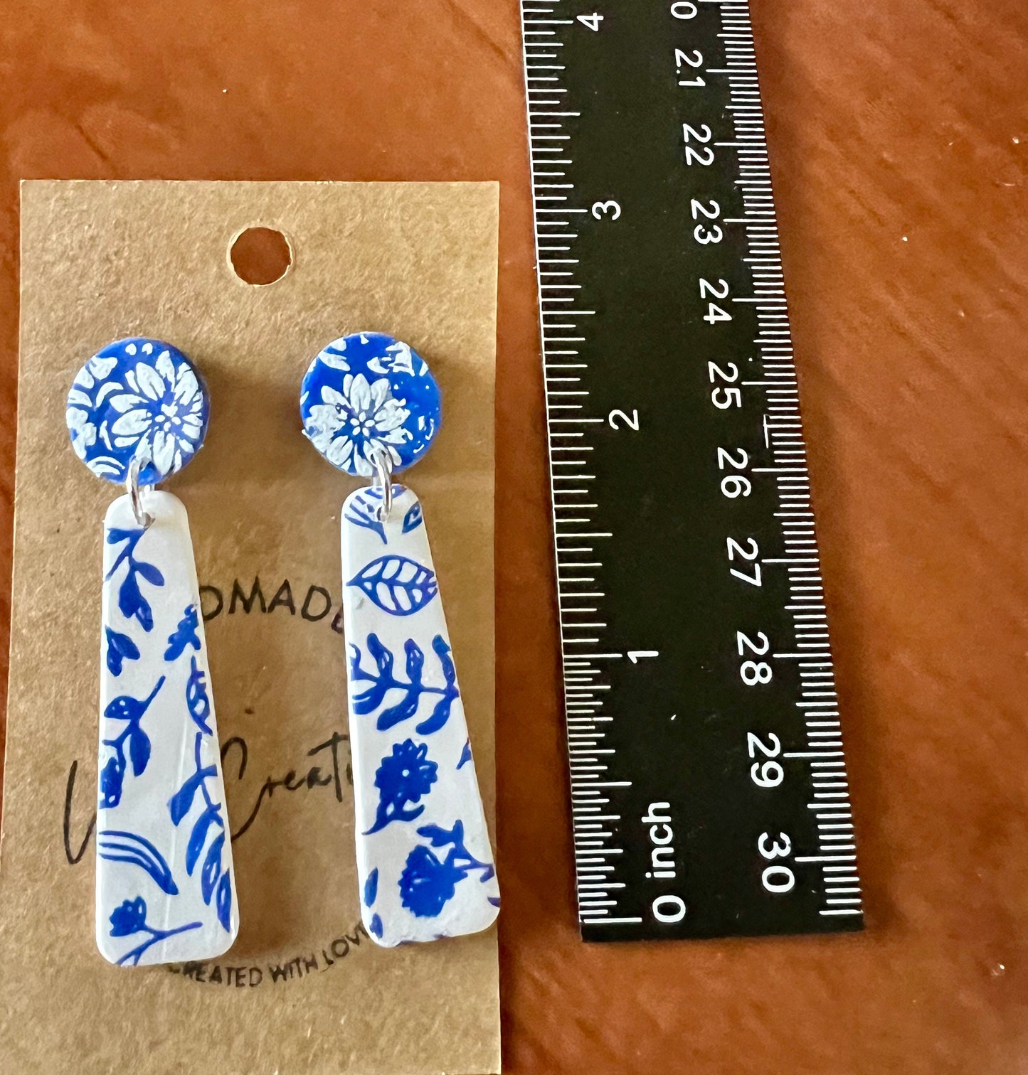 Blue & white floral in 2 patterns long dangling clay earrings with Plastic Posts no metal lightweight nickel allergy The Lolita