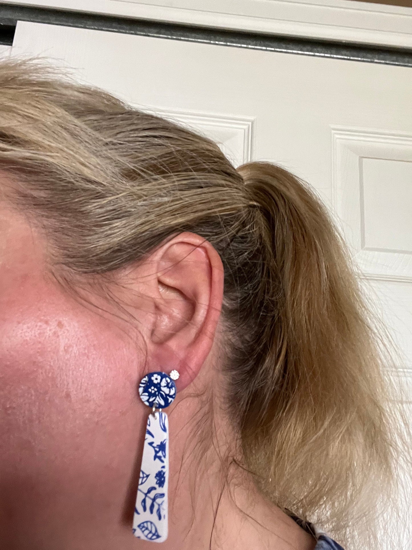 Blue & white florals in 2 patterns handmade long dangling clay earrings lightweight The Lolita