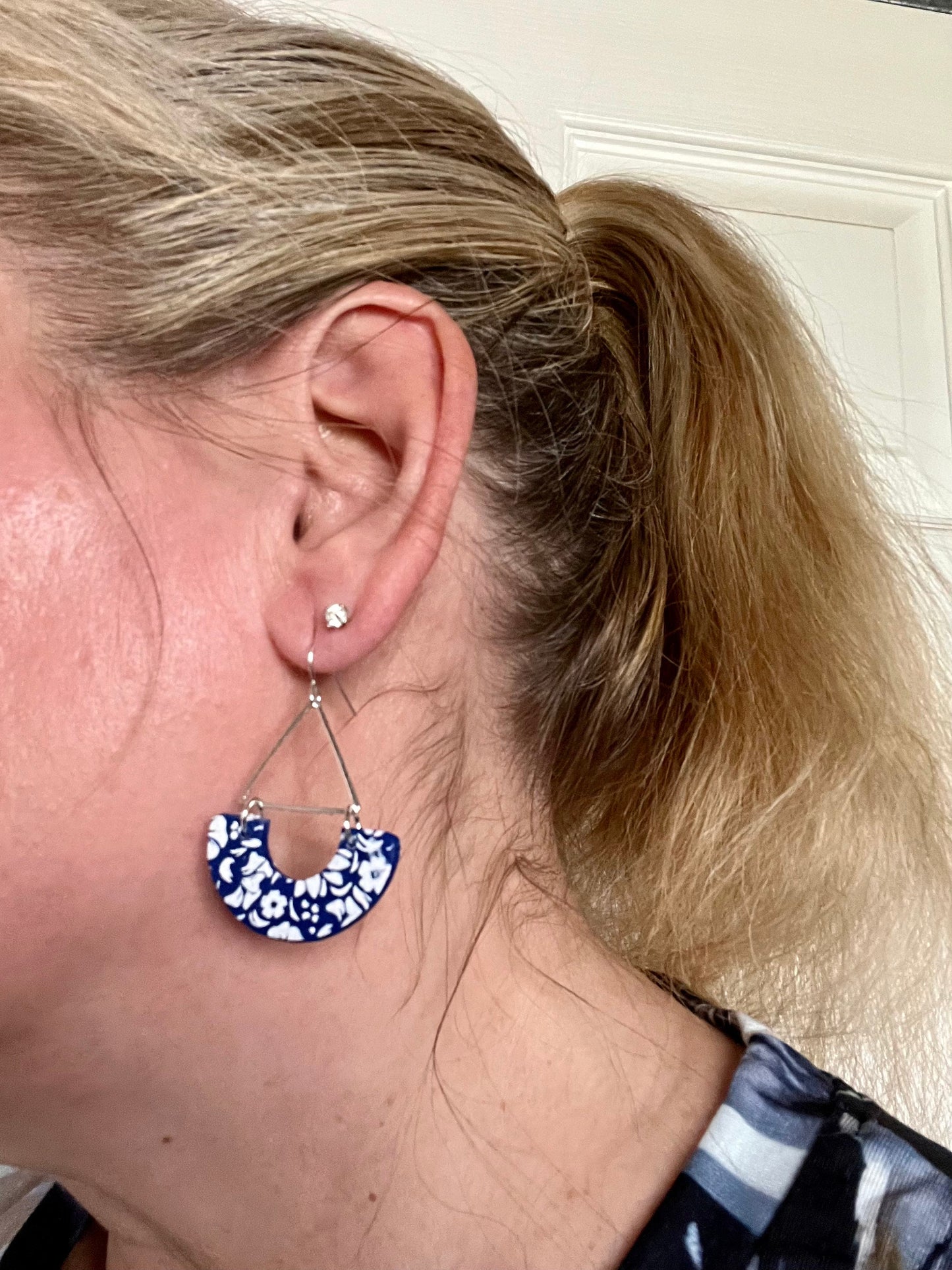 Royal Blue and white floral arch dangling lightweight clay earrings dark blue silver triangle The Wendy