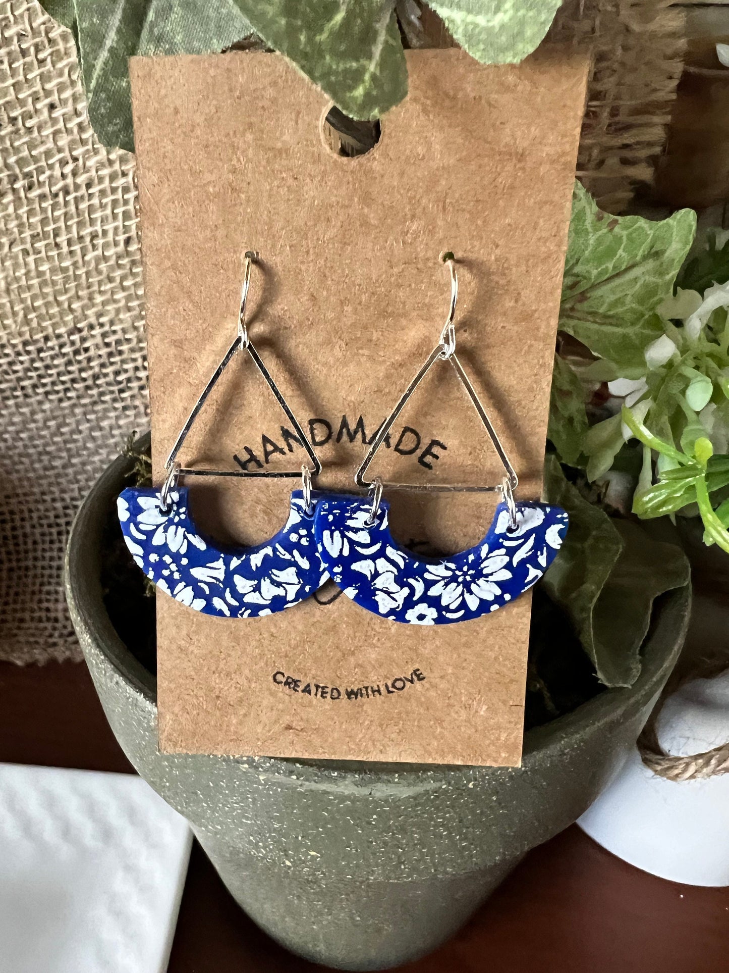 Royal Blue and white floral arch dangling lightweight clay earrings dark blue silver triangle The Wendy