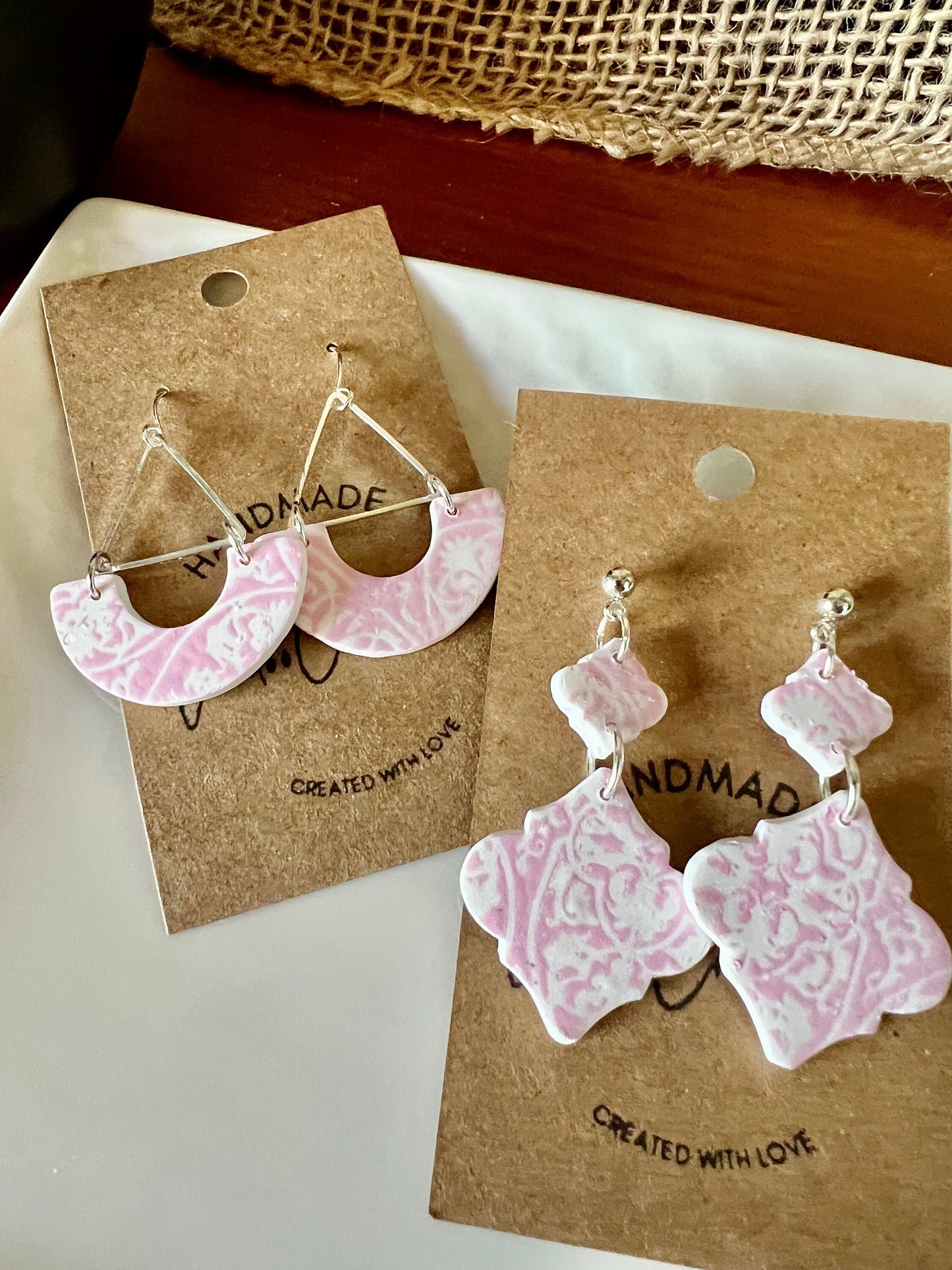 Pink and white china pattern petite clay dangling earrings handmade lightweight silver tone hardware The Mary