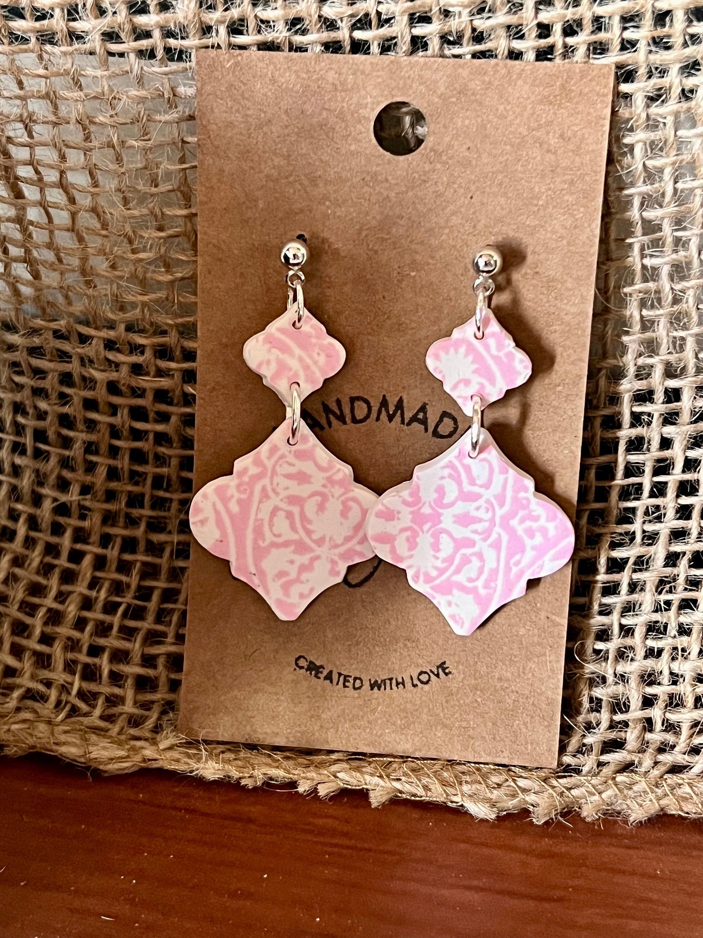 Pink and white china pattern petite clay dangling earrings handmade lightweight silver tone hardware The Mary