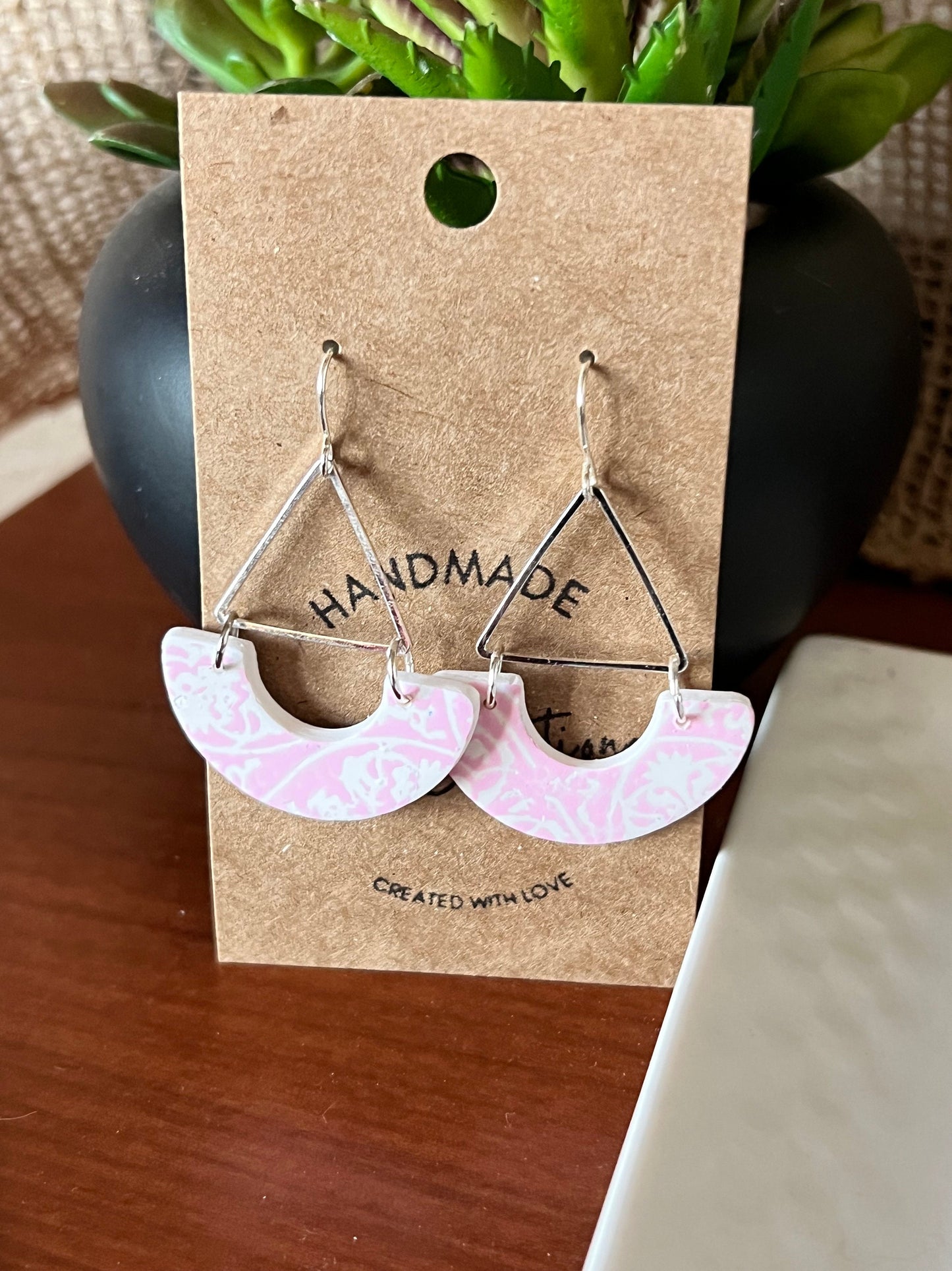 Pink and white china pattern petite clay dangling earrings handmade lightweight half hoop silver triangle hardware The Wendy