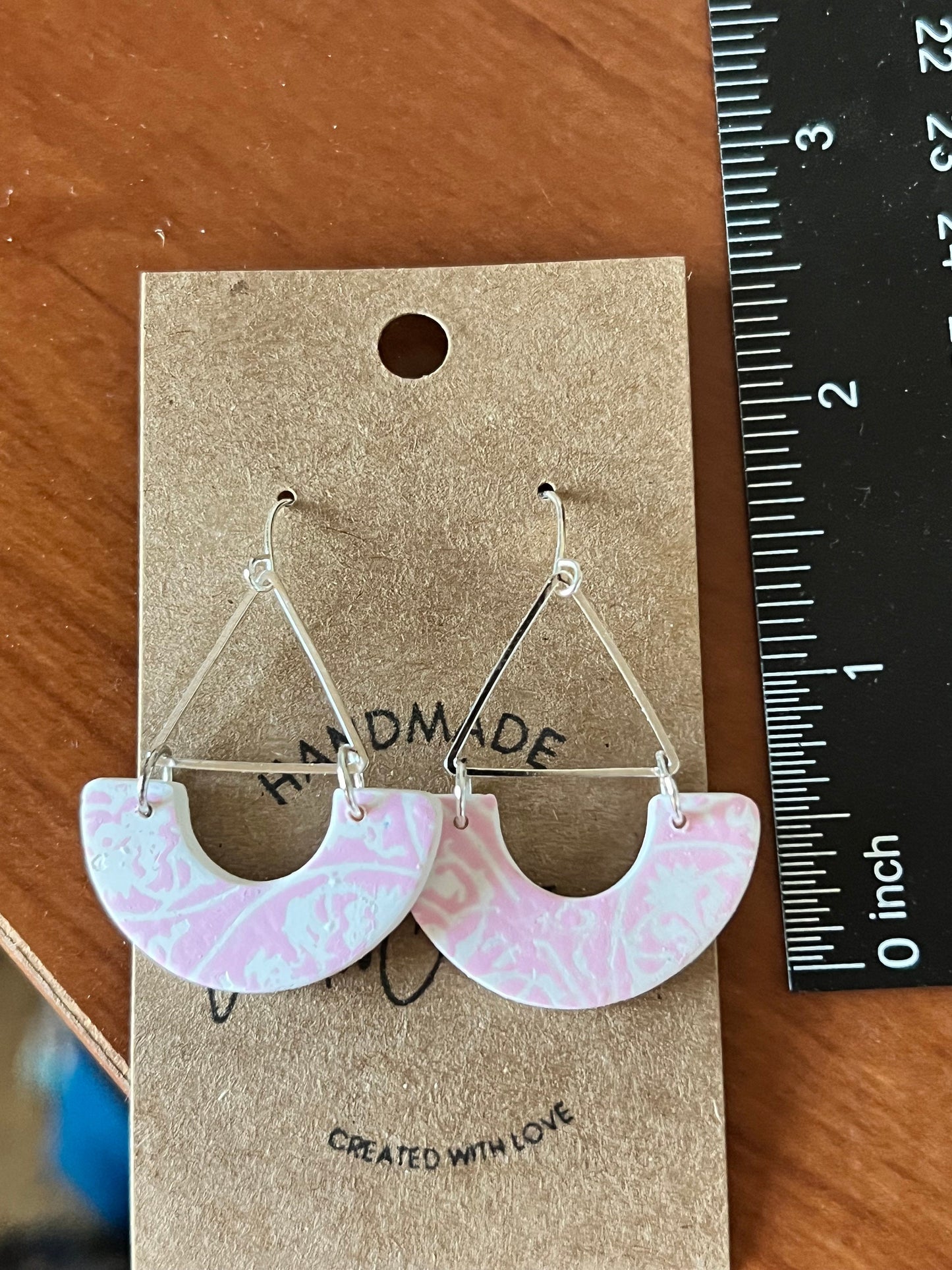Pink and white china pattern petite clay dangling earrings handmade lightweight half hoop silver triangle hardware The Wendy