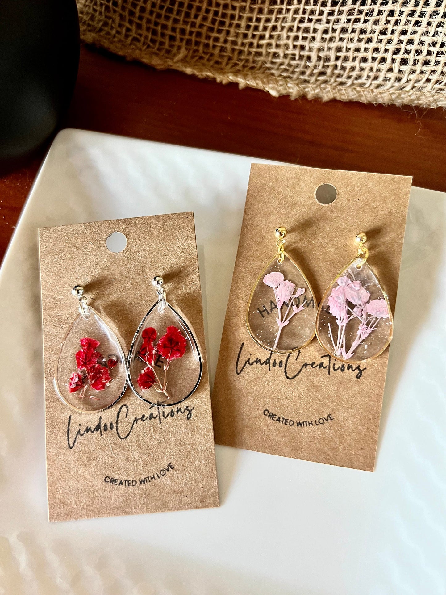 Dried Pink flowers in resin/dangling earrings/gold oval teardrop shape/lightweight/floral/The Teardrop