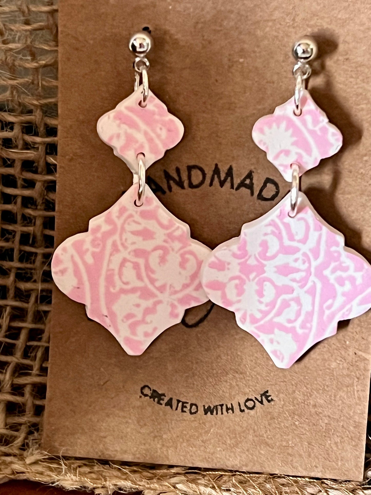 Pink and white china pattern petite clay dangling earrings handmade lightweight silver tone hardware The Mary