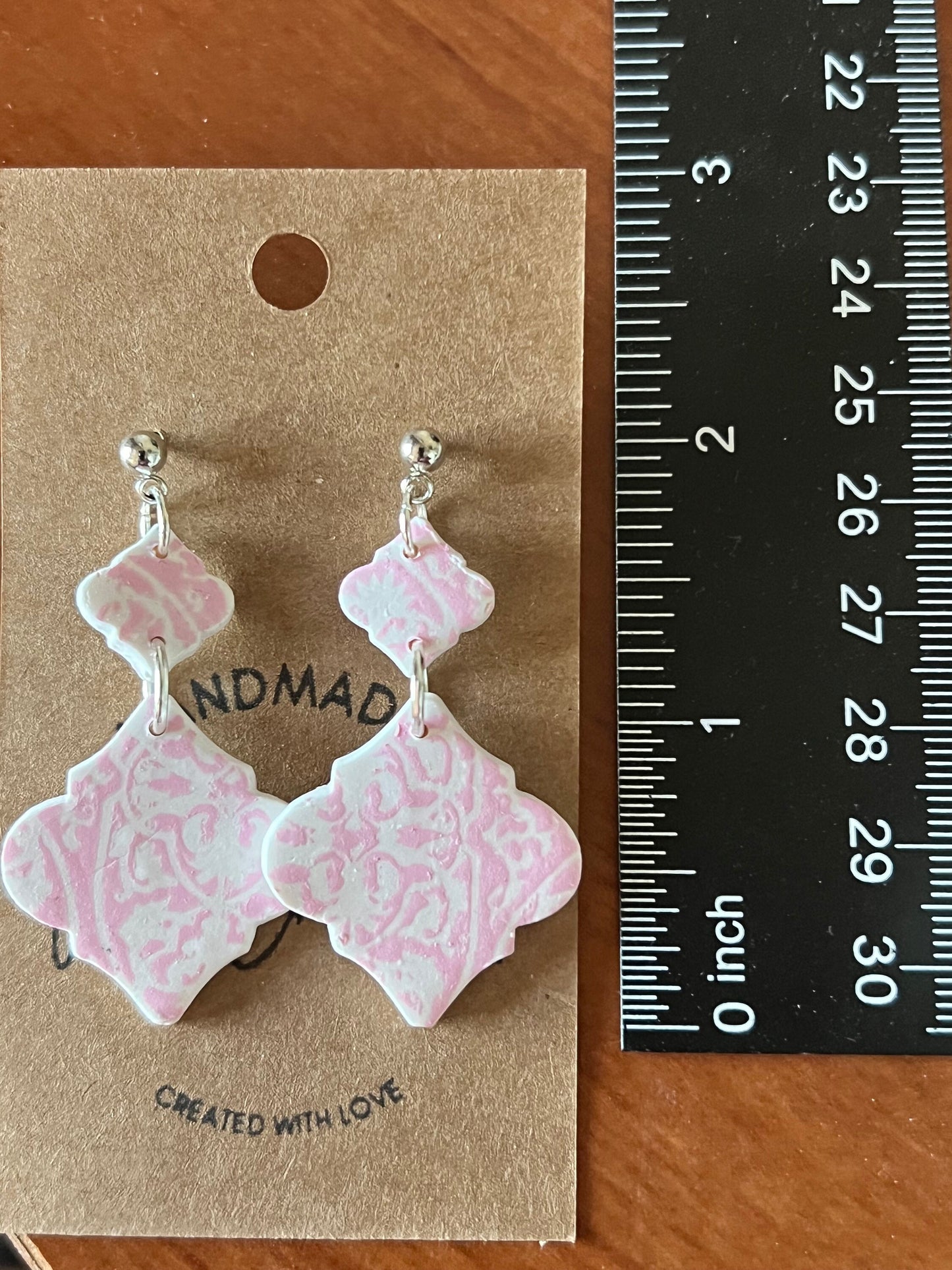 Pink and white china pattern petite clay dangling earrings handmade lightweight silver tone hardware The Mary