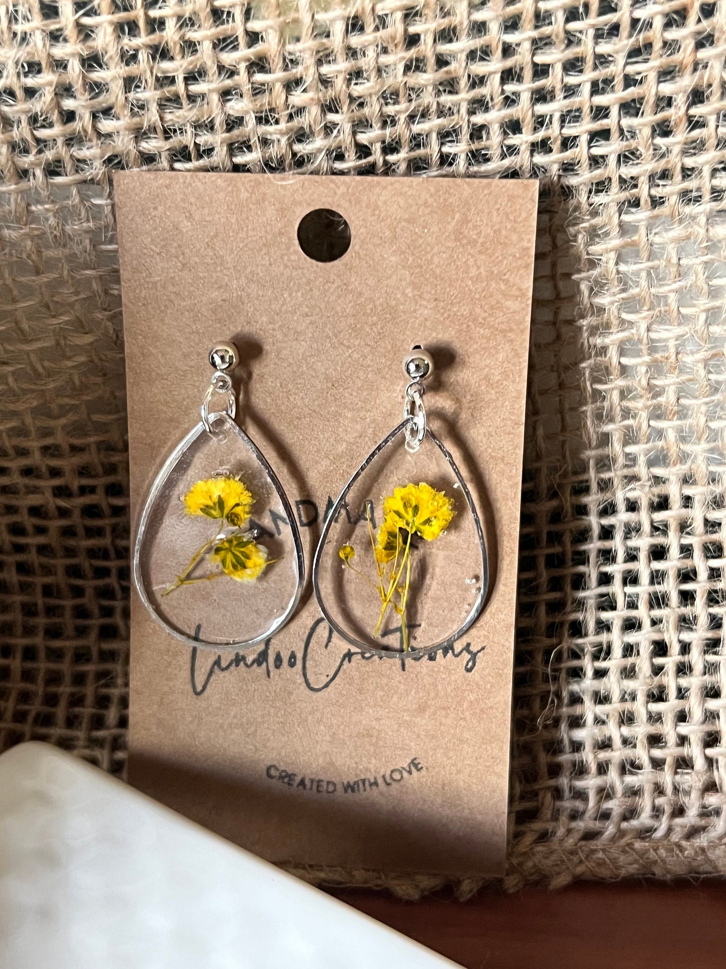 Dried yellow flowers in resin/dangling earrings/silver oval teardrop shape/lightweight/floral/The Teardrop