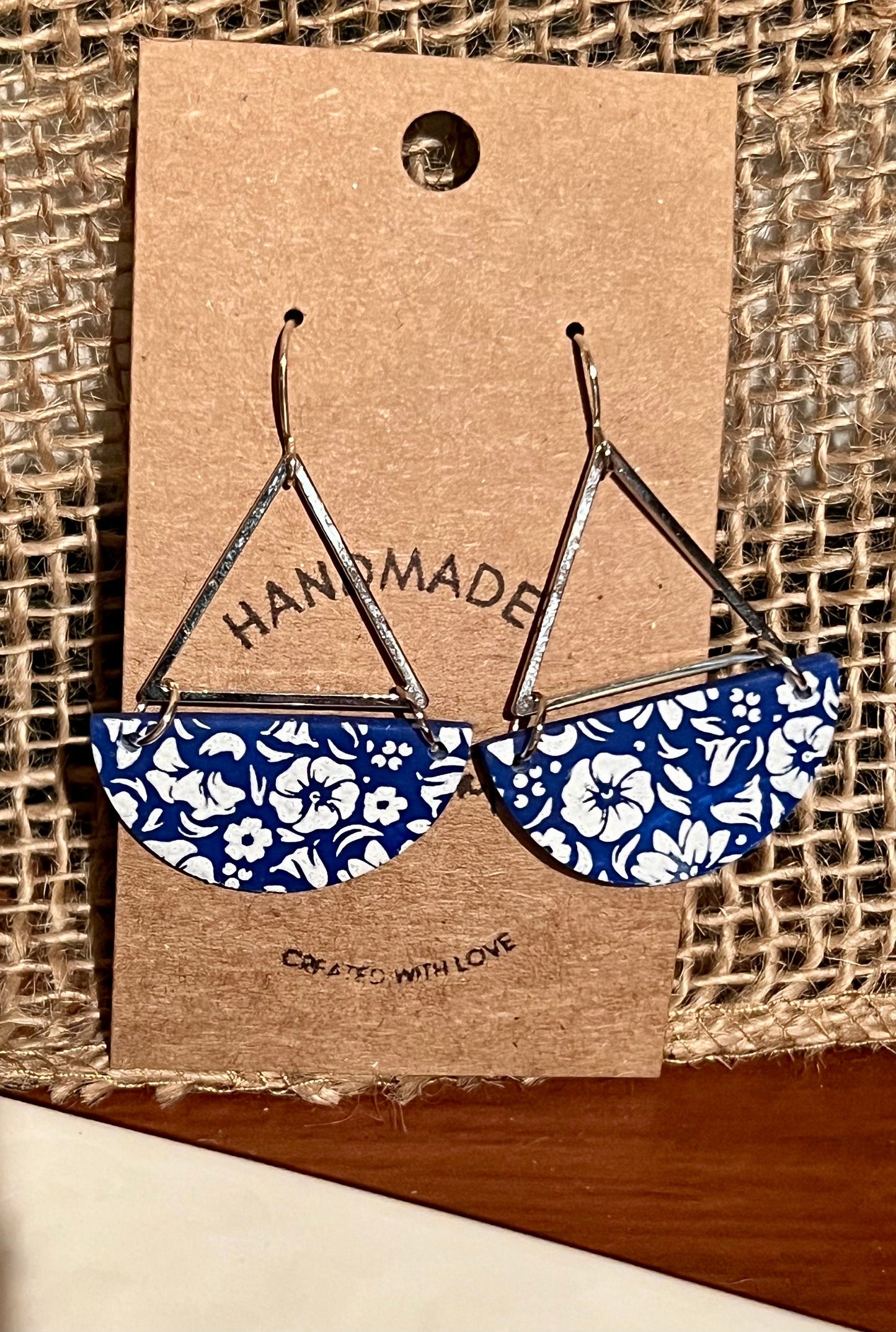 Royal Blue and white Floral dangling clay earrings modern disk shape Silver triangle hardware handmade earrings ightweight The Katie