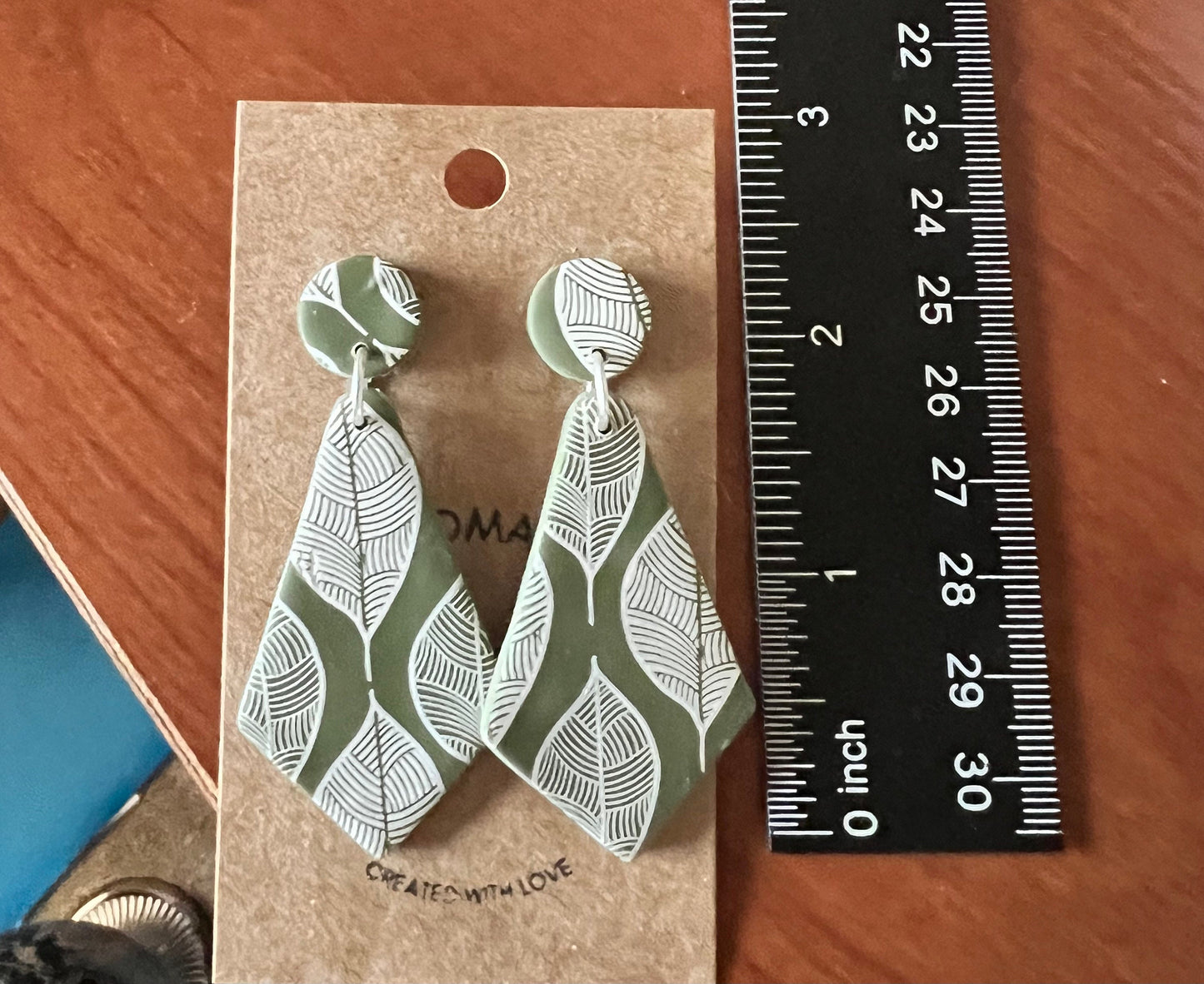 Olive Green leaf pattern dangle clay earrings with plastic non metal posts lightweight handmade clay metal allergy The Diane
