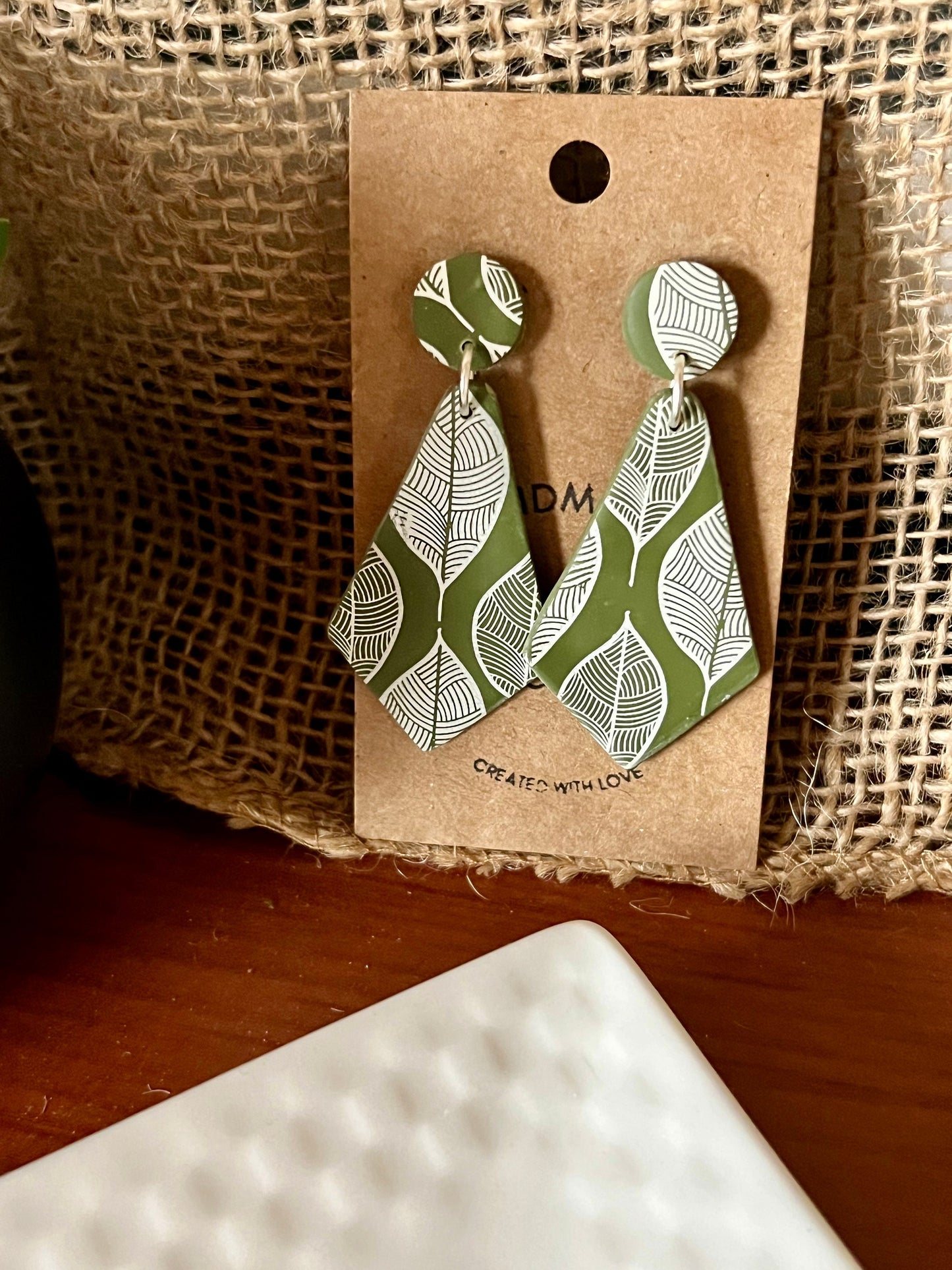 Olive Green leaf pattern dangle clay earrings with plastic non metal posts lightweight handmade clay metal allergy The Diane