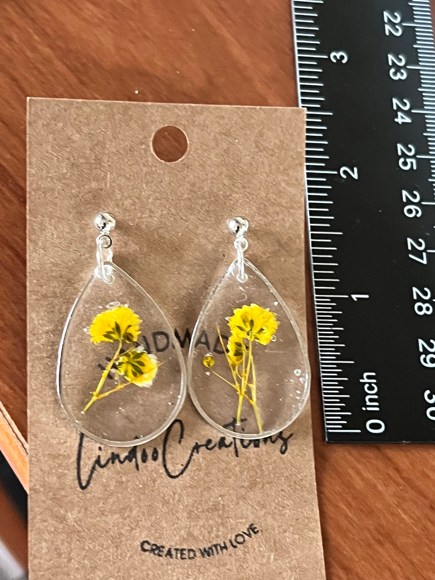 Dried yellow flowers in resin/dangling earrings/silver oval teardrop shape/lightweight/floral/The Teardrop